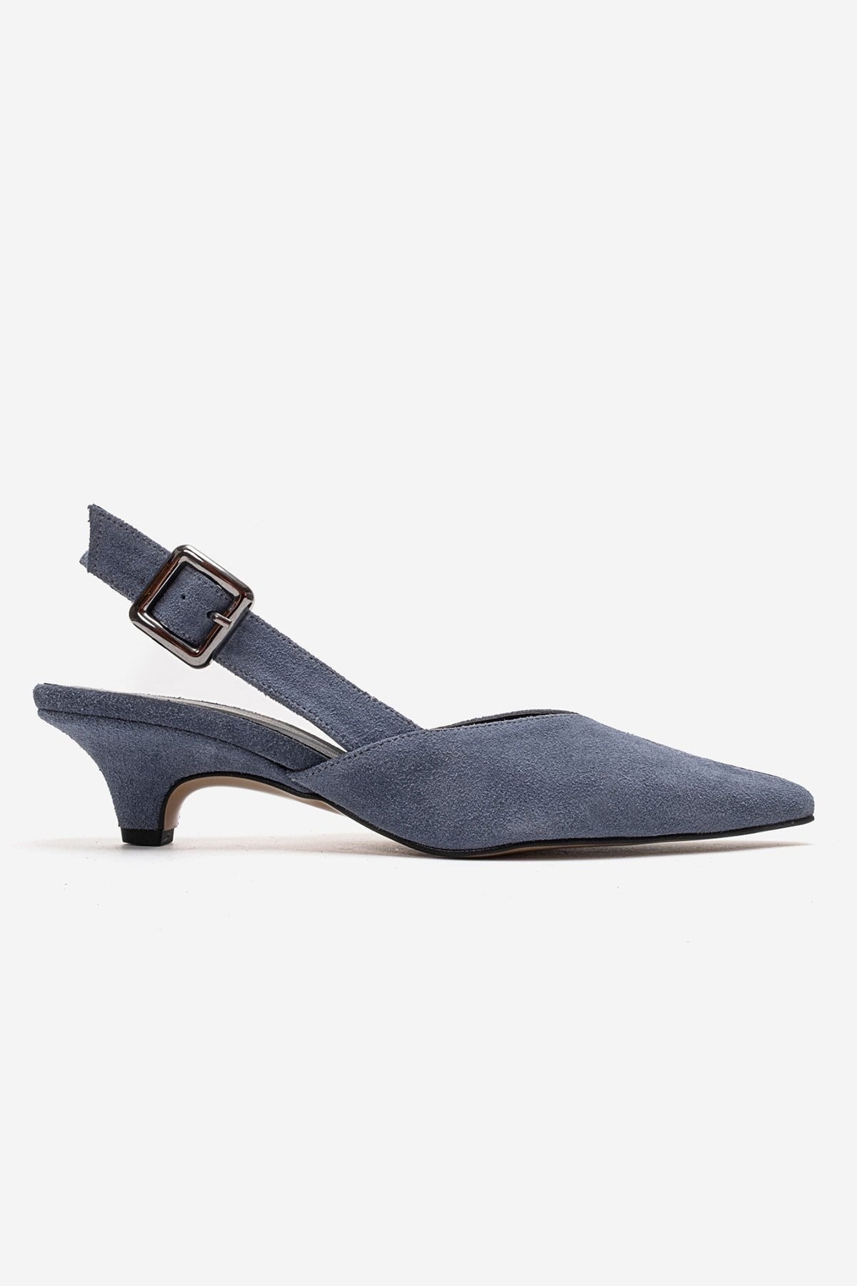 DIORIS - Denim Blue Genuine Leather Slingback Kitten Heel Pump – heel view showing leather, suede, blue, Vowalisse