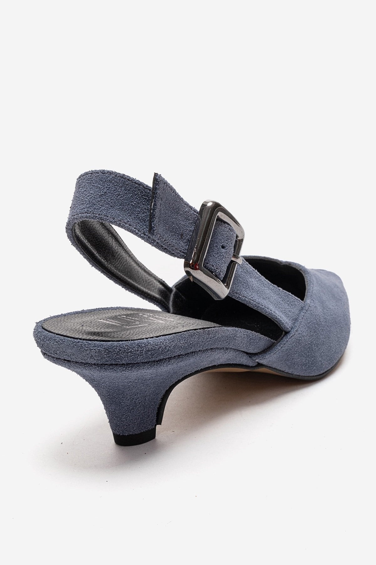 DIORIS - Denim Blue Genuine Leather Slingback Kitten Heel Pump – back view showing leather, suede, blue, Vowalisse