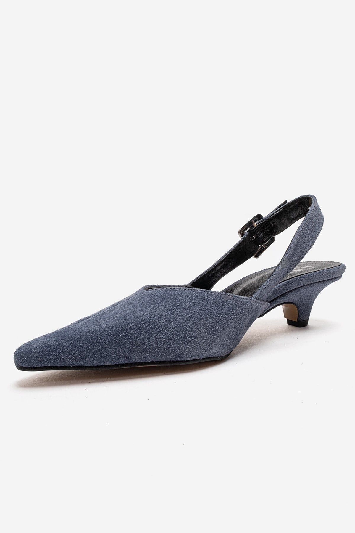 DIORIS - Denim Blue Genuine Leather Slingback Kitten Heel Pump – top view showing leather, suede, blue, Vowalisse
