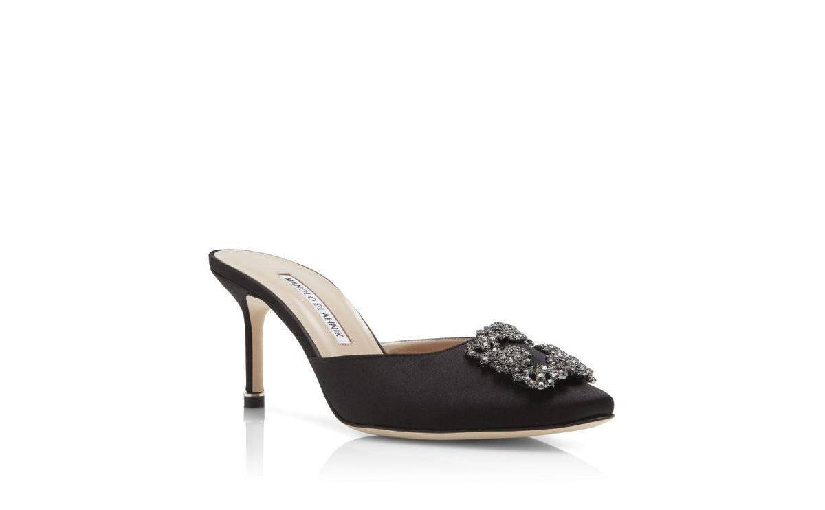 Lunette Crown Black Jewel Buckle Mules – top view showing black jewel buckle, crystal buckle, almond toe, satin, Vowalisse