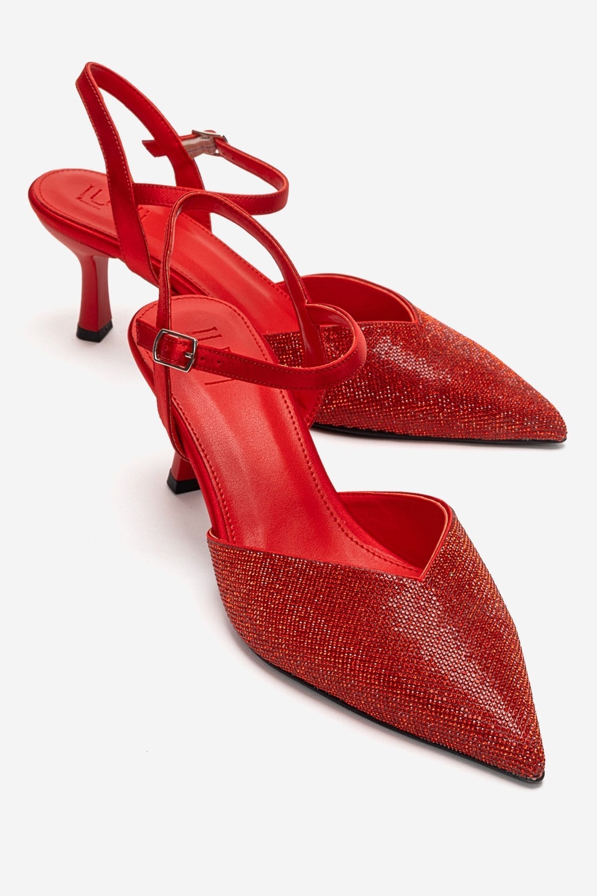NIVORA - Red Stiletto Pump – front three-quarter view showing satin, leather, red, Vowalisse