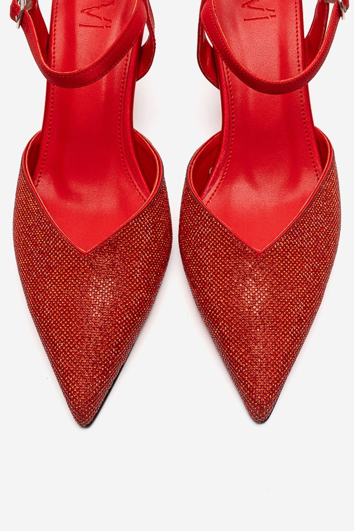 NIVORA - Red Stiletto Pump – side view showing satin, leather, red, Vowalisse