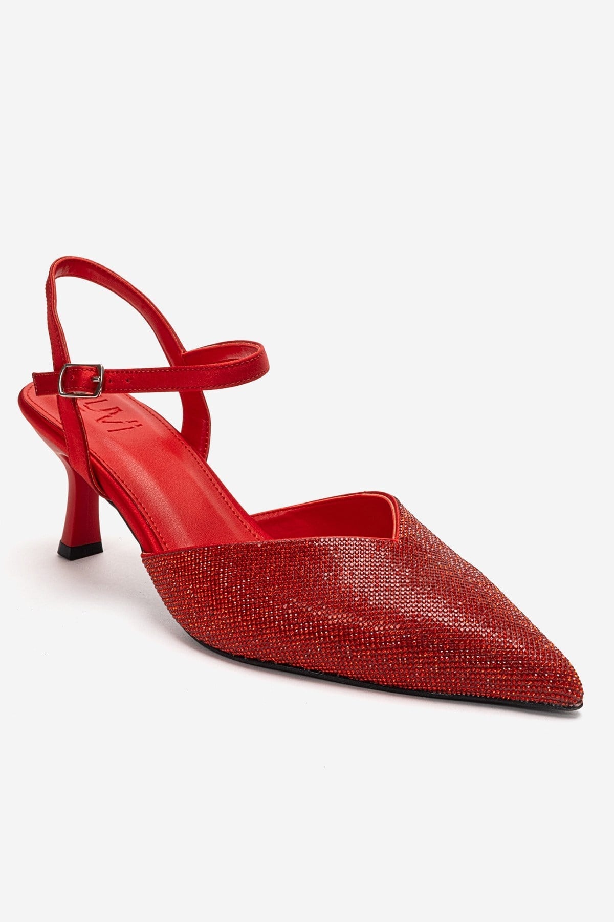 NIVORA - Red Stiletto Pump – detail view showing satin, leather, red, Vowalisse