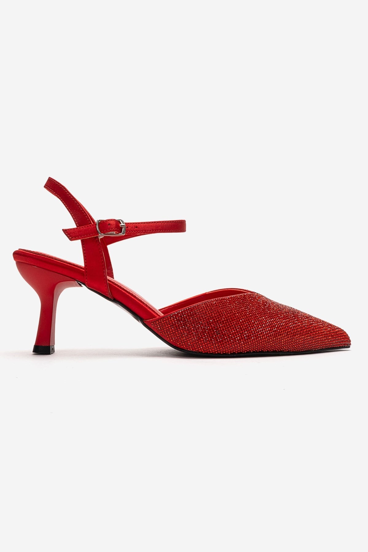 NIVORA - Red Stiletto Pump – heel view showing satin, leather, red, Vowalisse