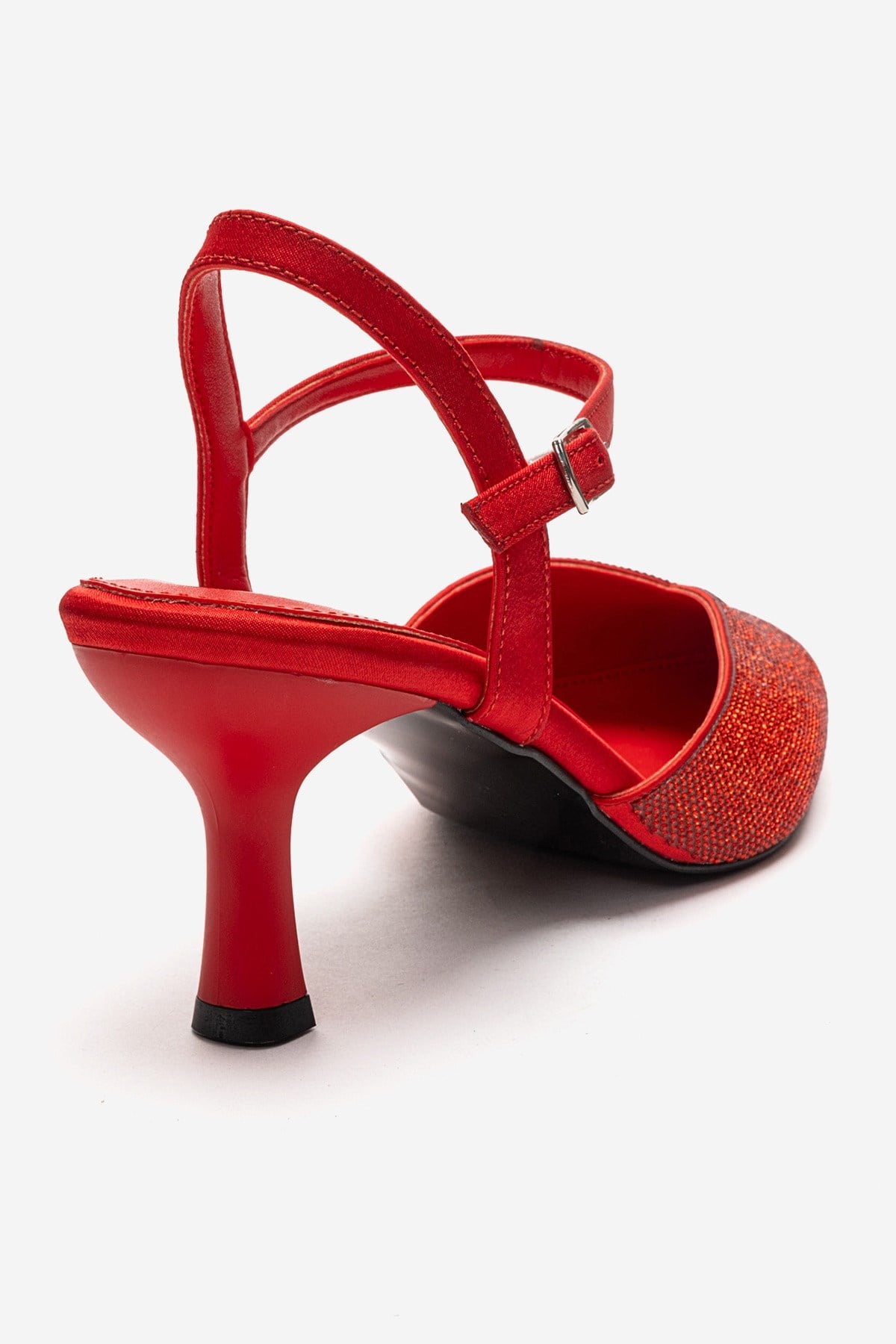 NIVORA - Red Stiletto Pump – back view showing satin, leather, red, Vowalisse