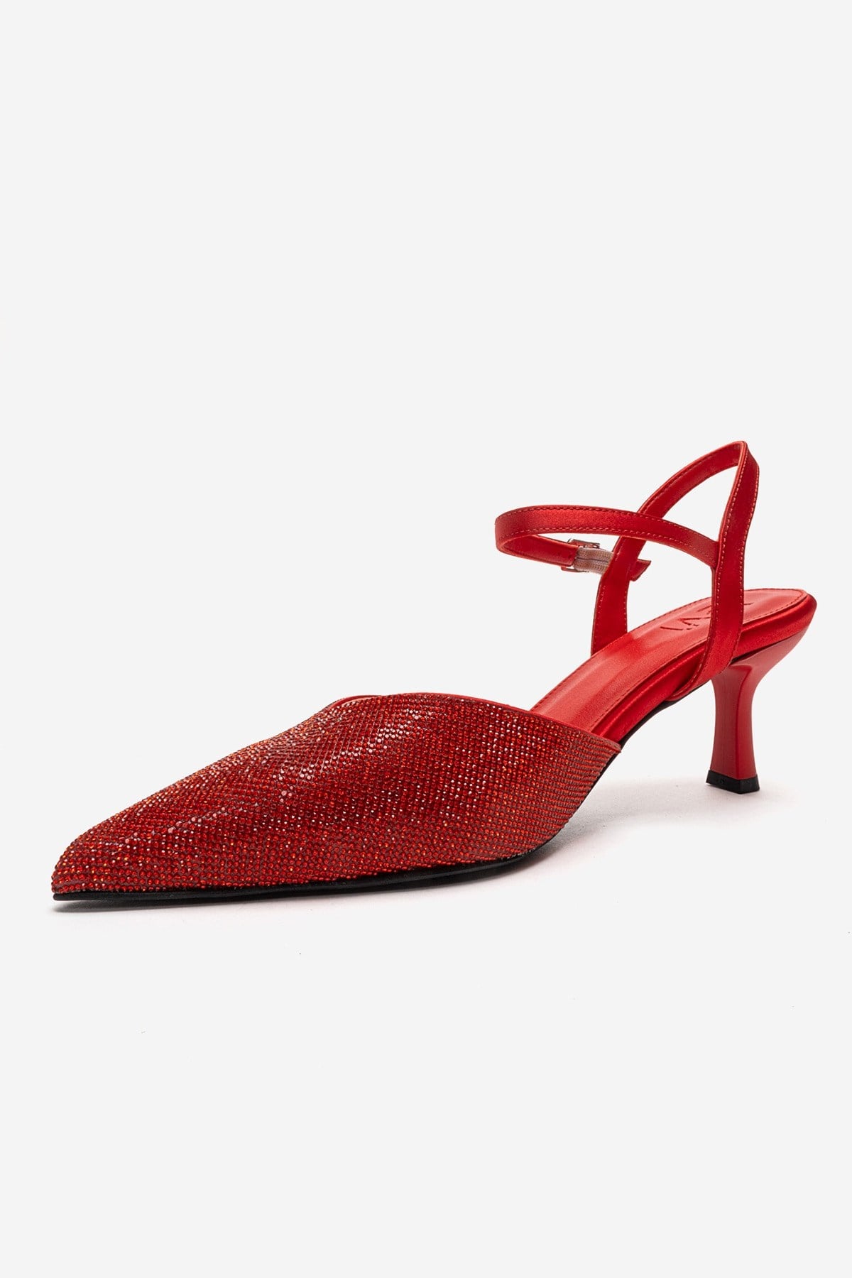 NIVORA - Red Stiletto Pump – top view showing satin, leather, red, Vowalisse