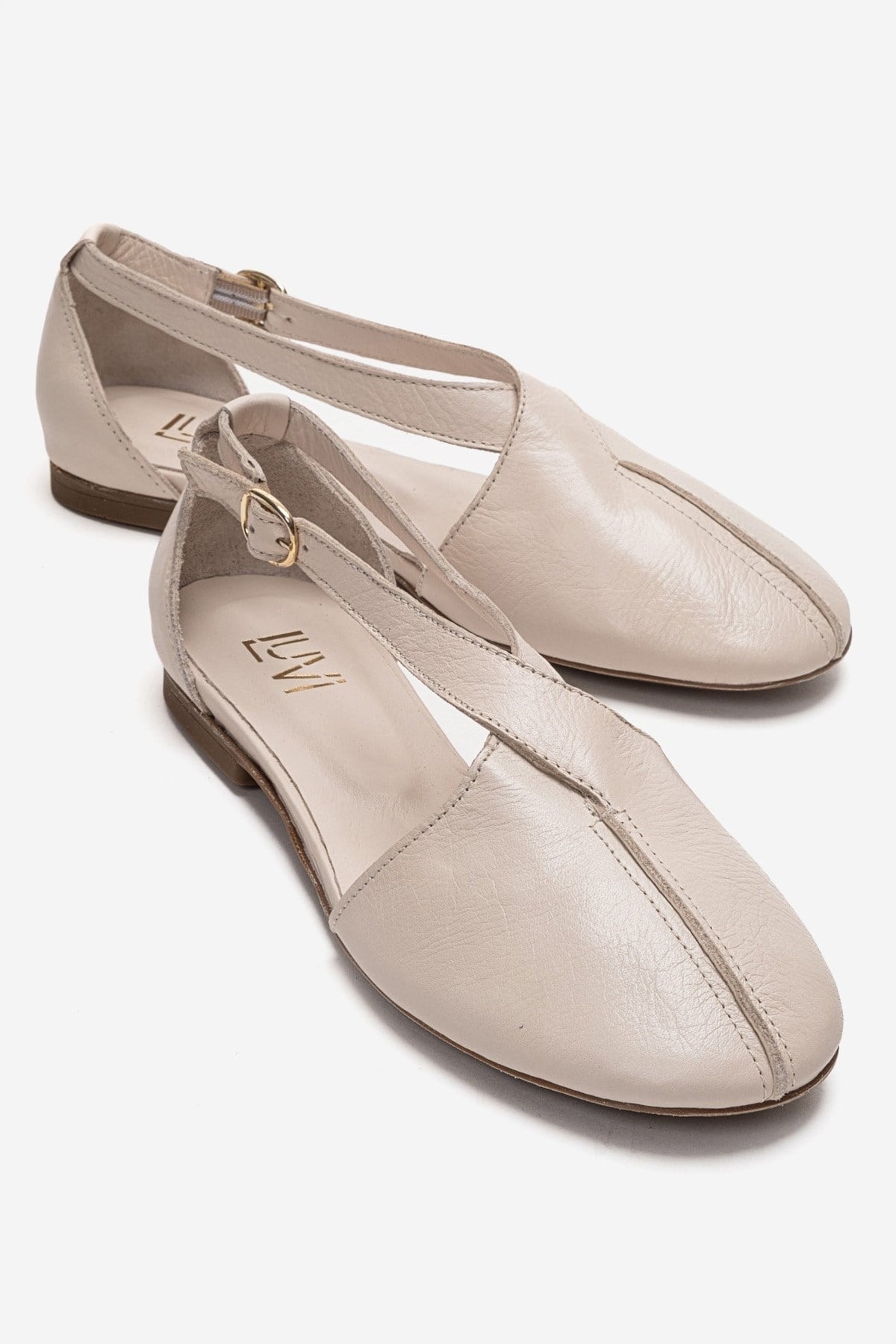 FABLE - Beige Genuine Leather Side-Open Ankle-Strap Ballet Flat – front three-quarter view showing leather, Vowalisse