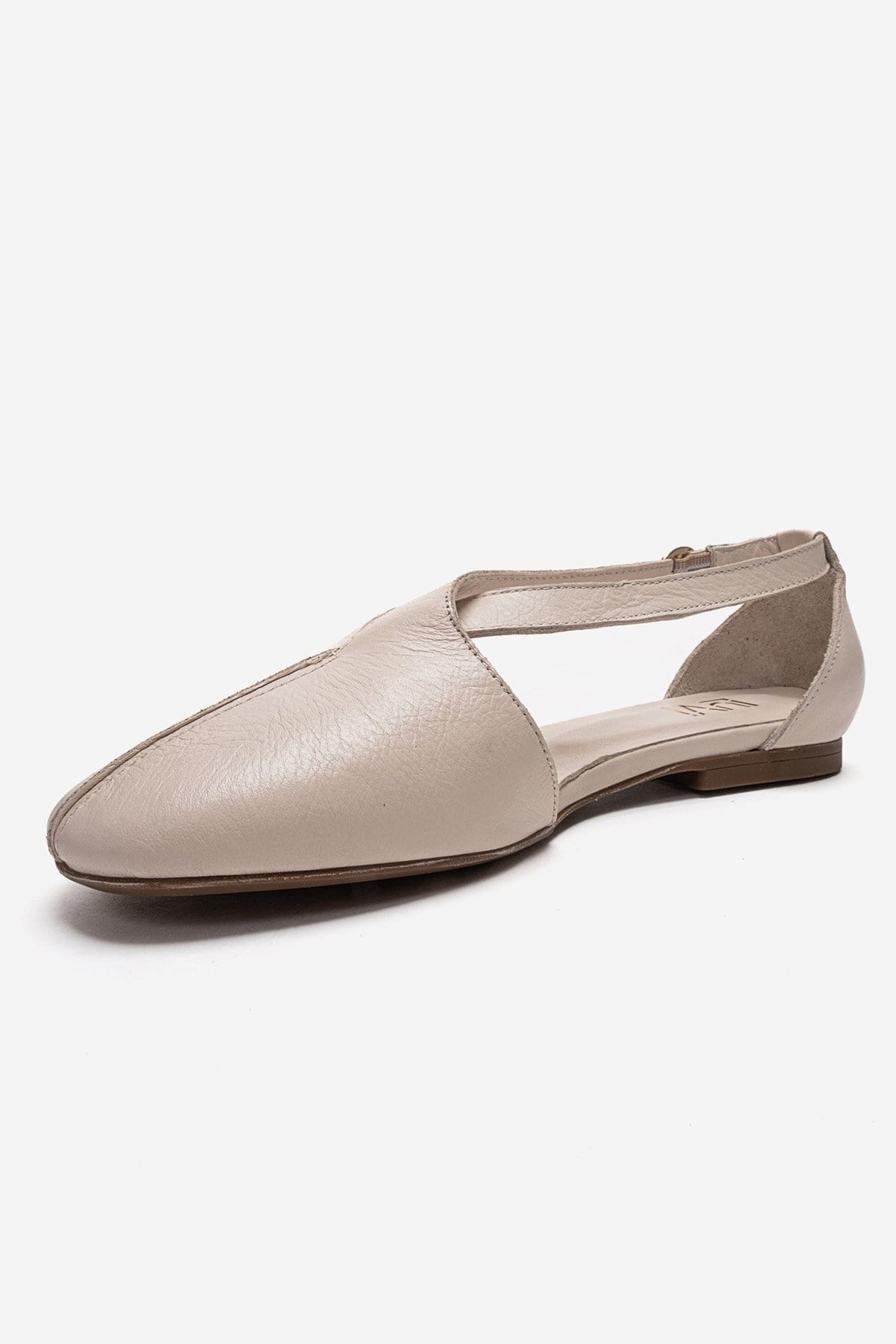 FABLE - Beige Genuine Leather Side-Open Ankle-Strap Ballet Flat – top view showing leather, Vowalisse