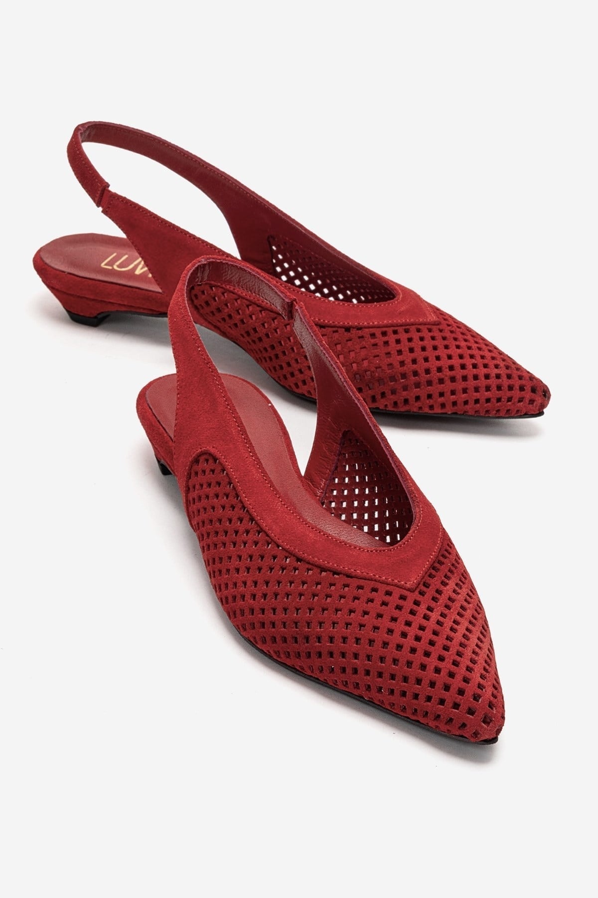 LIEVE - Red Genuine Leather Low Block Heel Shoe – front three-quarter view showing leather, suede, red, Vowalisse