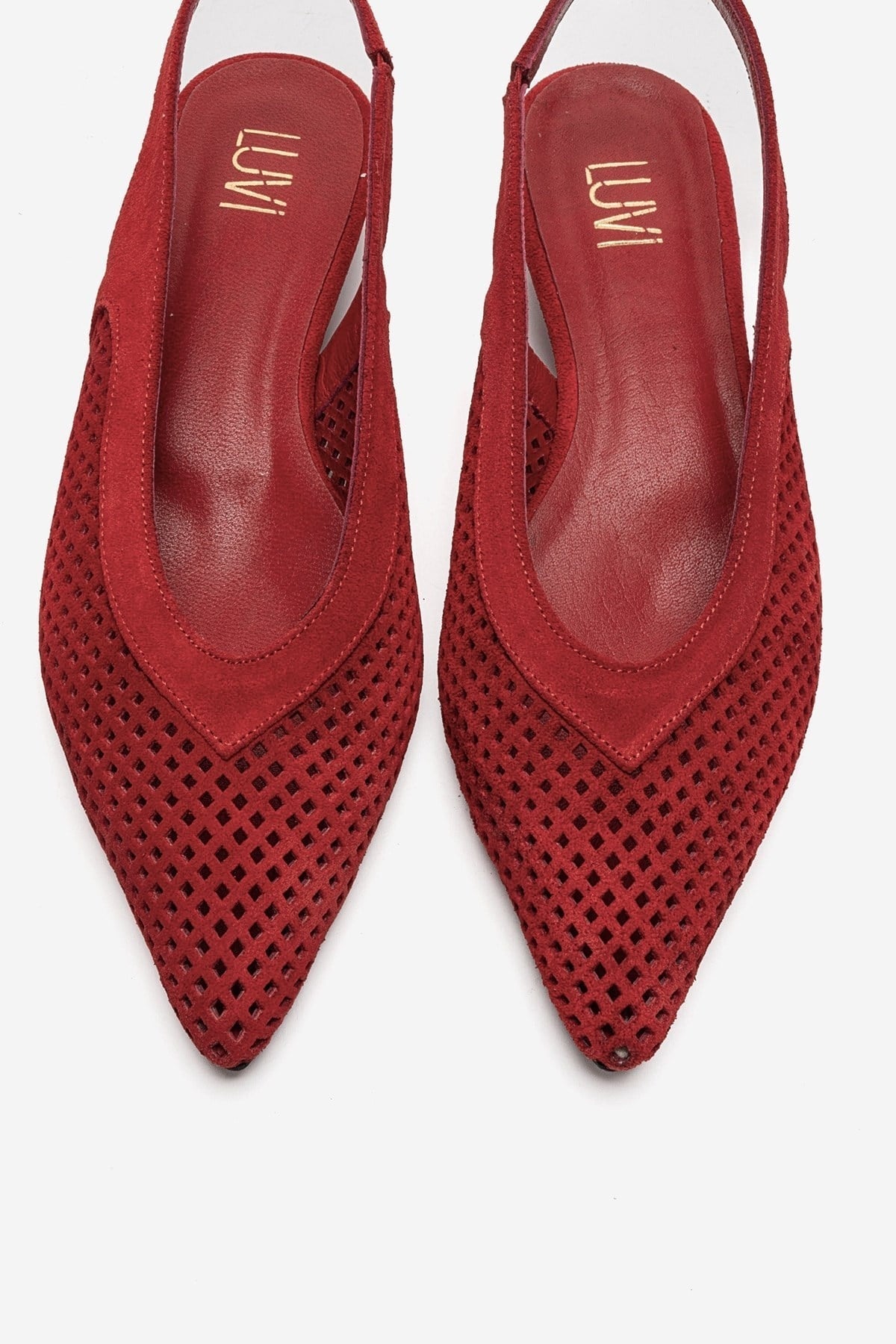 LIEVE - Red Genuine Leather Low Block Heel Shoe – side view showing leather, suede, red, Vowalisse