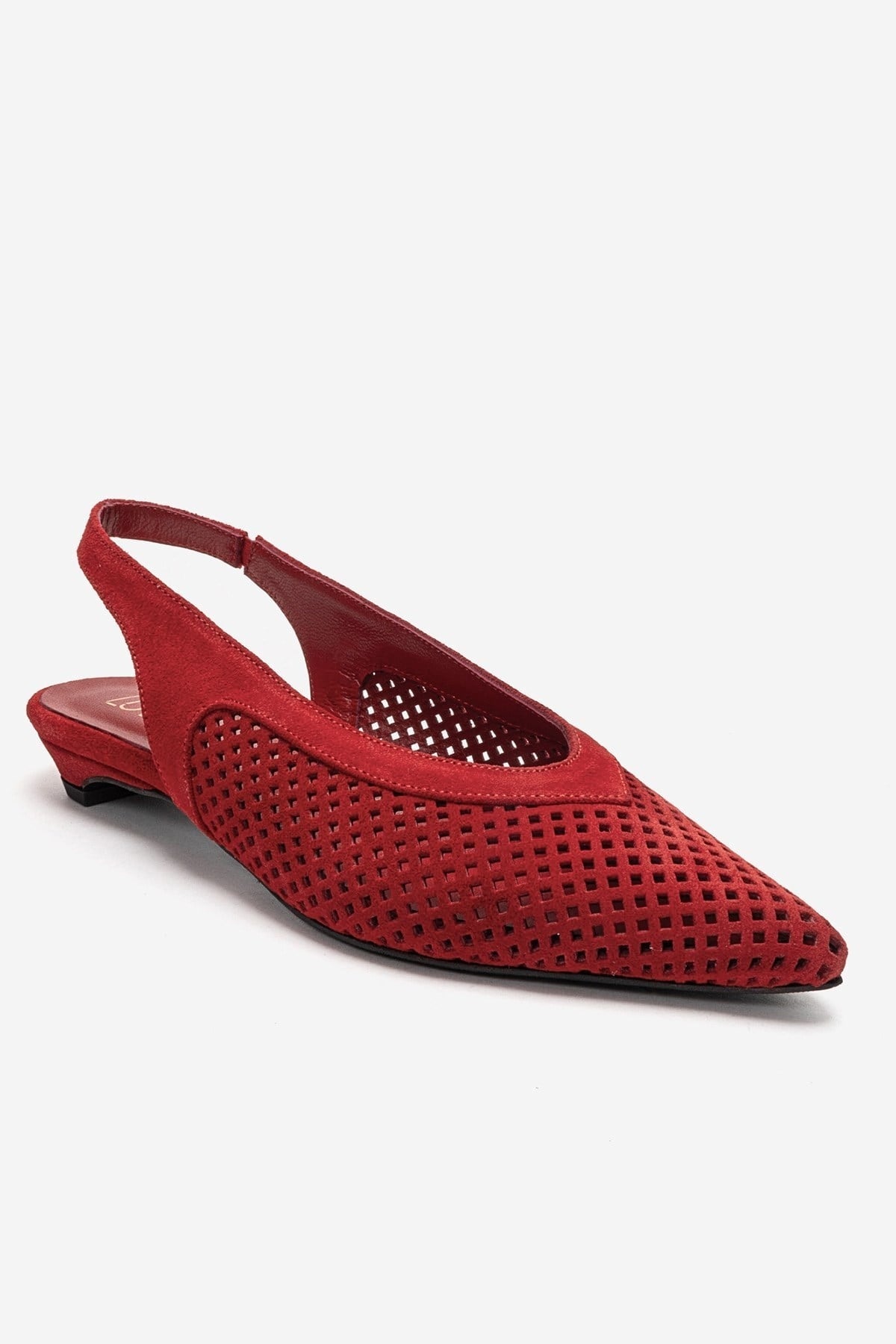 LIEVE - Red Genuine Leather Low Block Heel Shoe – detail view showing leather, suede, red, Vowalisse