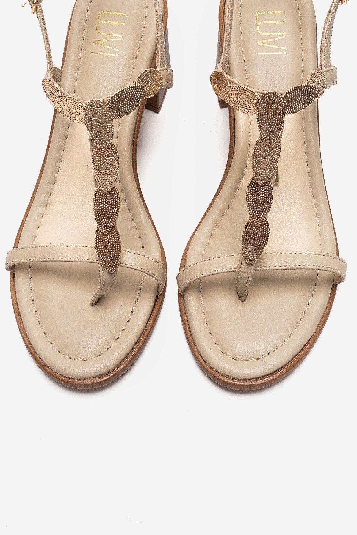 SERONA - Beige Genuine Leather Buckled Block Heel Sandal – side view showing leather, gold, Vowalisse
