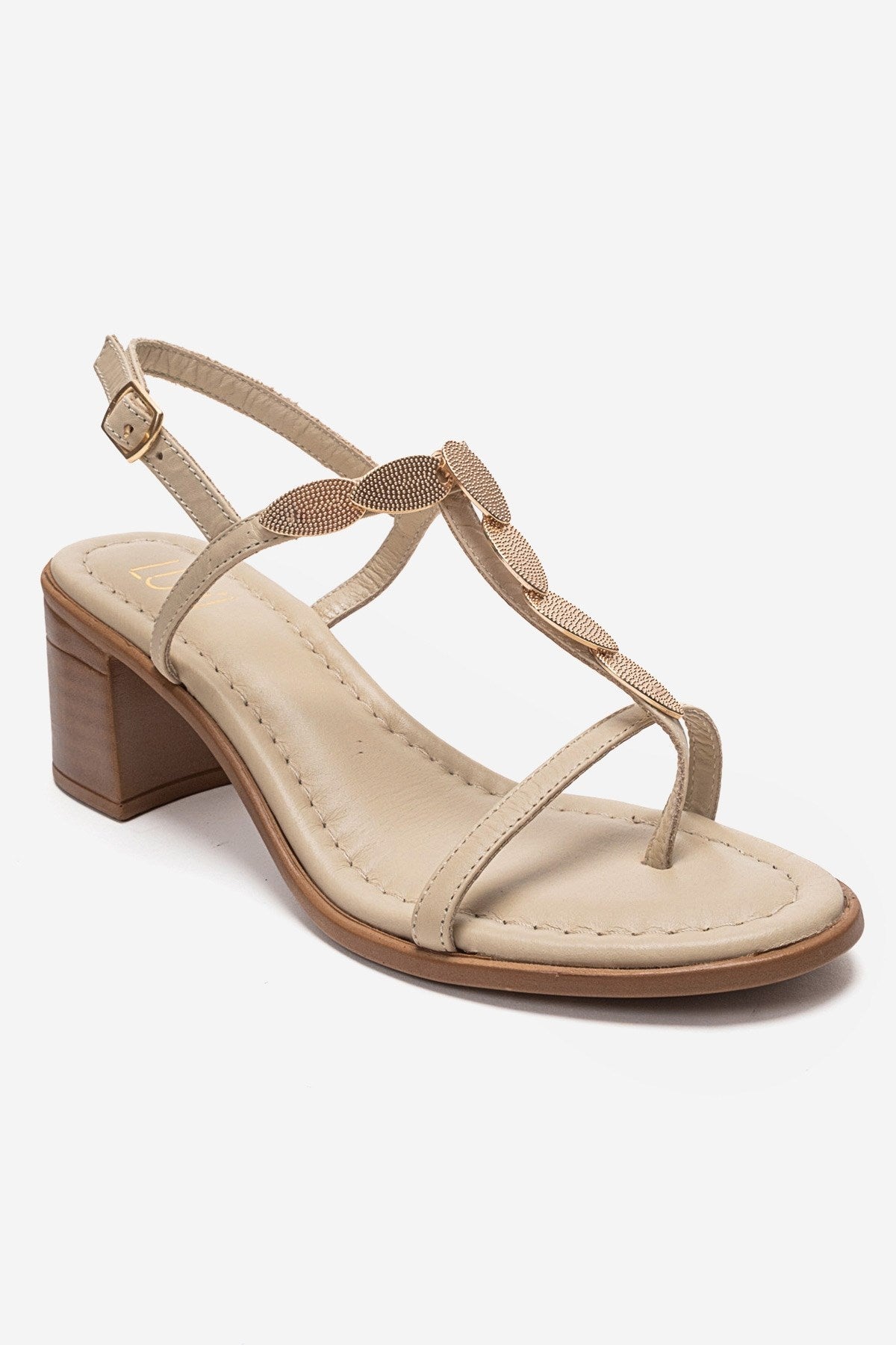 SERONA - Beige Genuine Leather Buckled Block Heel Sandal – detail view showing leather, gold, Vowalisse
