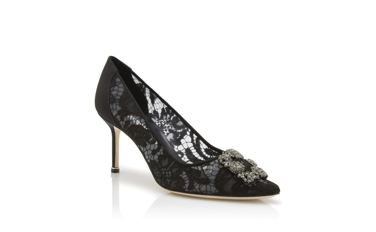 Ophelia Élan Black Jewel Buckle Pumps – top view showing black jewel buckle, crystal buckle, almond toe, satin, Vowalisse