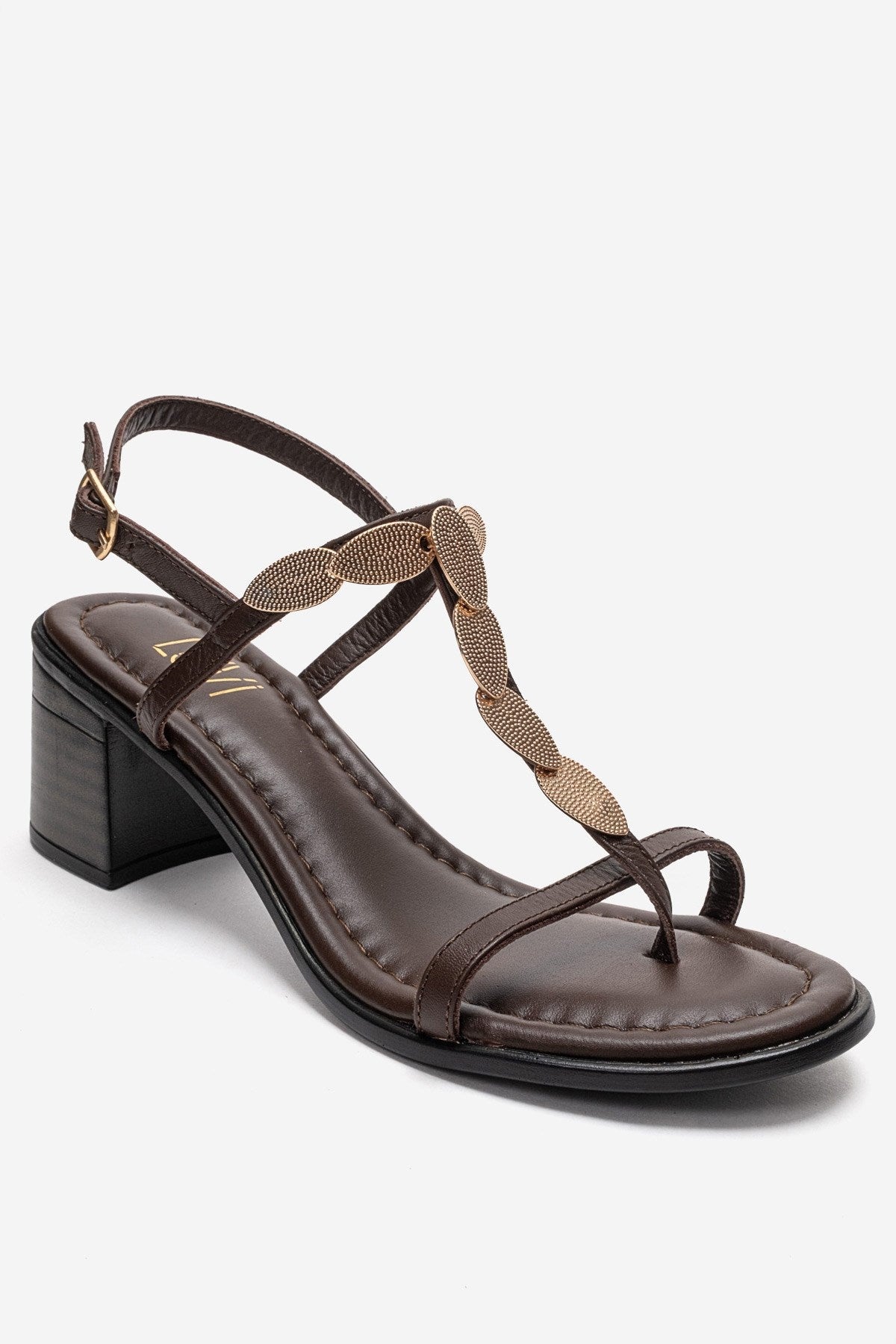 SERONA - Brown Genuine Leather Buckled Block Heel Sandal – detail view showing leather, gold, Vowalisse