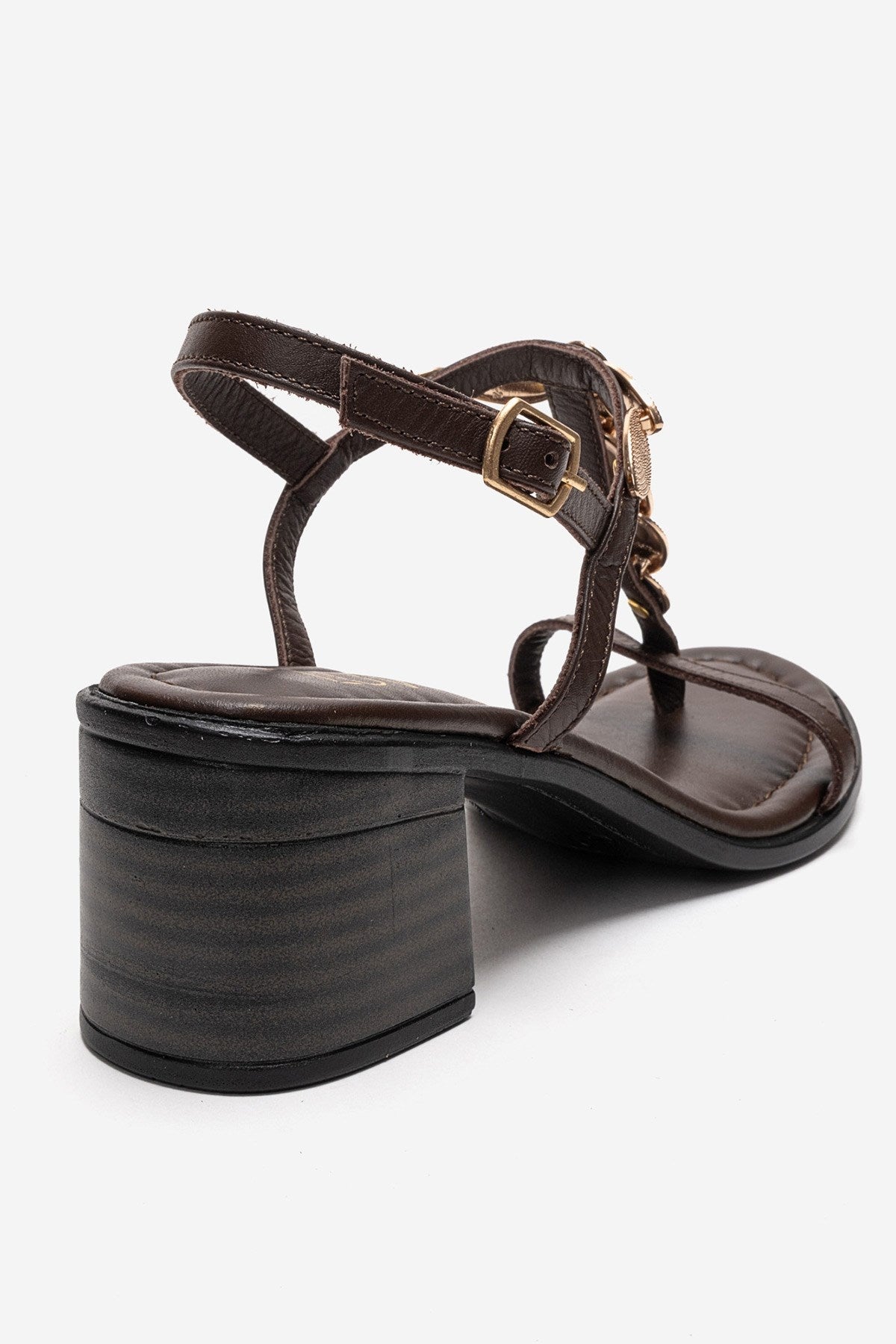 SERONA - Brown Genuine Leather Buckled Block Heel Sandal – back view showing leather, gold, Vowalisse