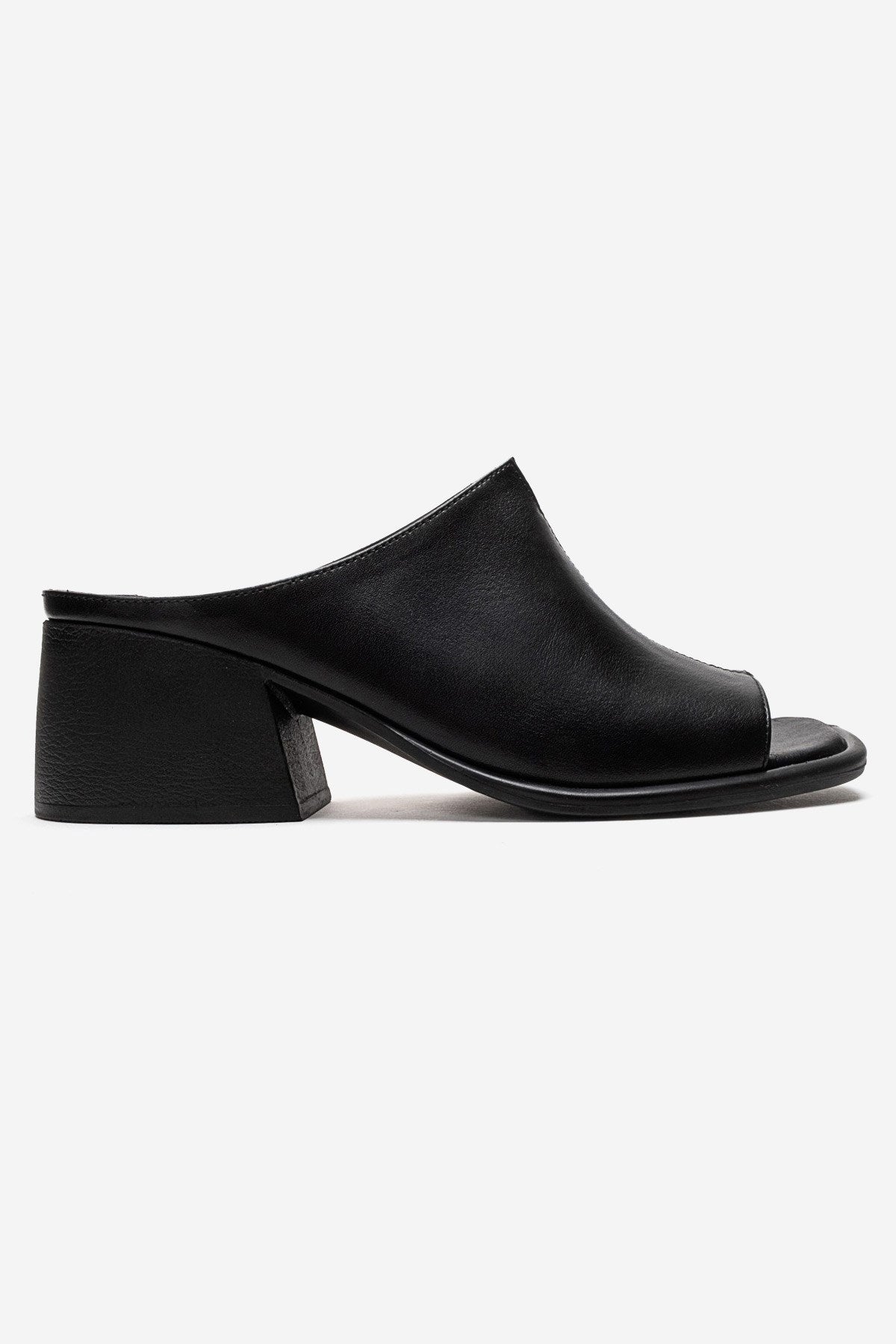 SOREX - Black Genuine Leather Block Heel Mule – detail view showing leather, black, Vowalisse