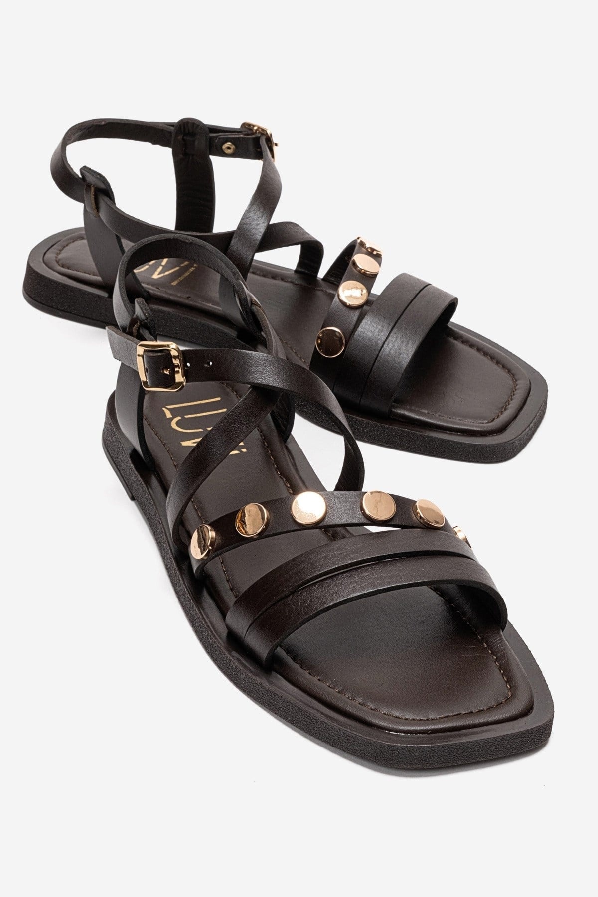 Poole - Brown Genuine Leather Multi-Strap Sandal – front three-quarter view showing leather, Vowalisse