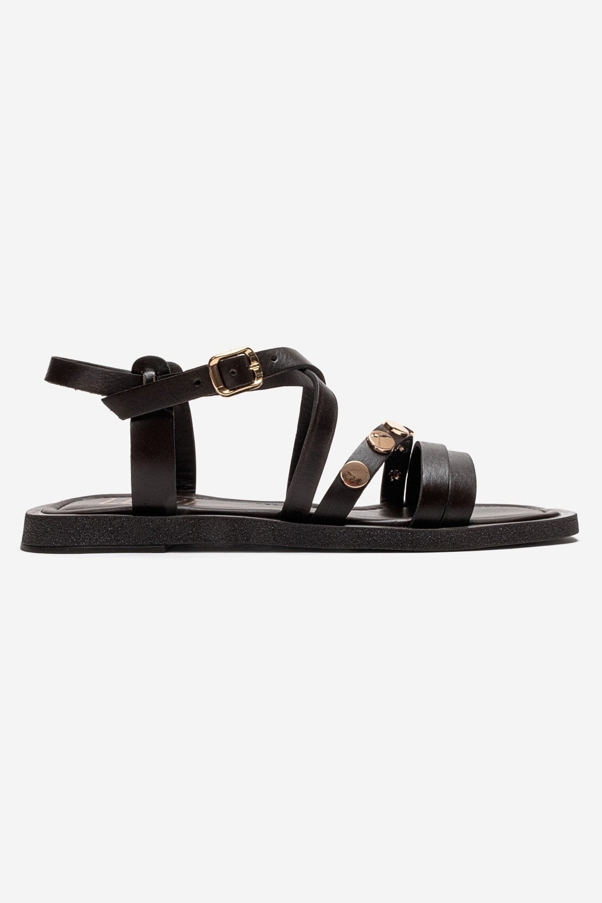 Poole - Brown Genuine Leather Multi-Strap Sandal – heel view showing leather, Vowalisse