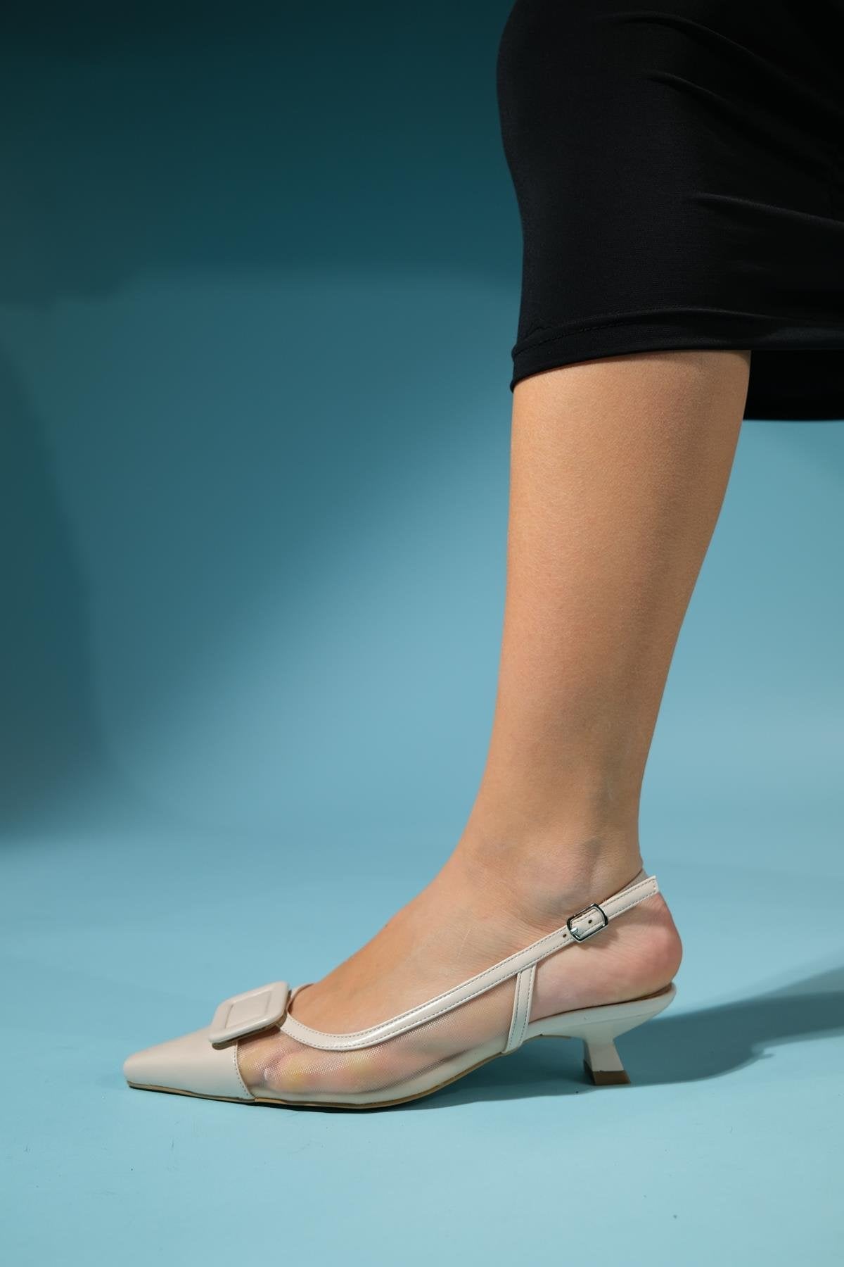 Amora - Beige Buckled Low-Heeled Shoe – heel view showing leather, Vowalisse