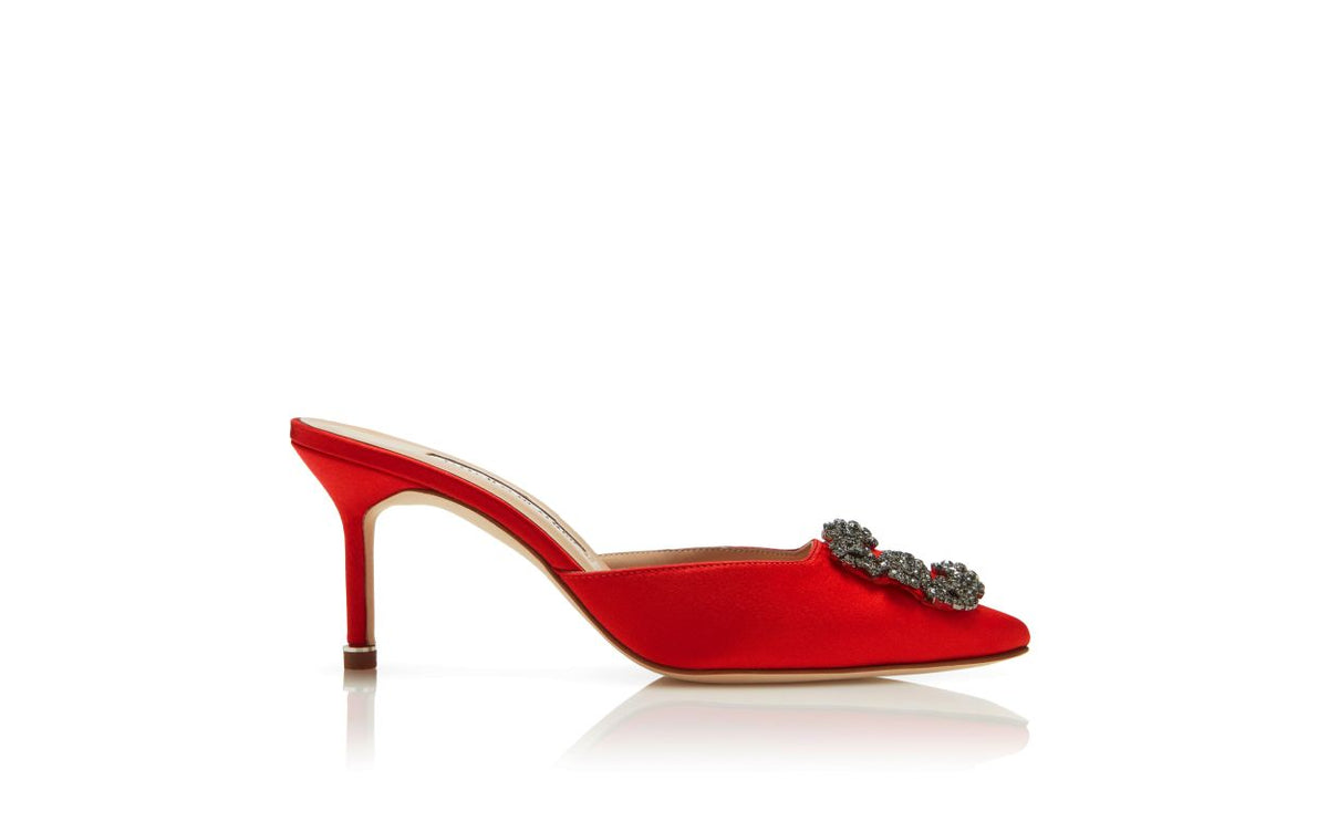 Rosalie Dream Red Jewel Buckle Mules – side profile showing red jewel buckle, crystal buckle, almond toe, satin, Vowalisse