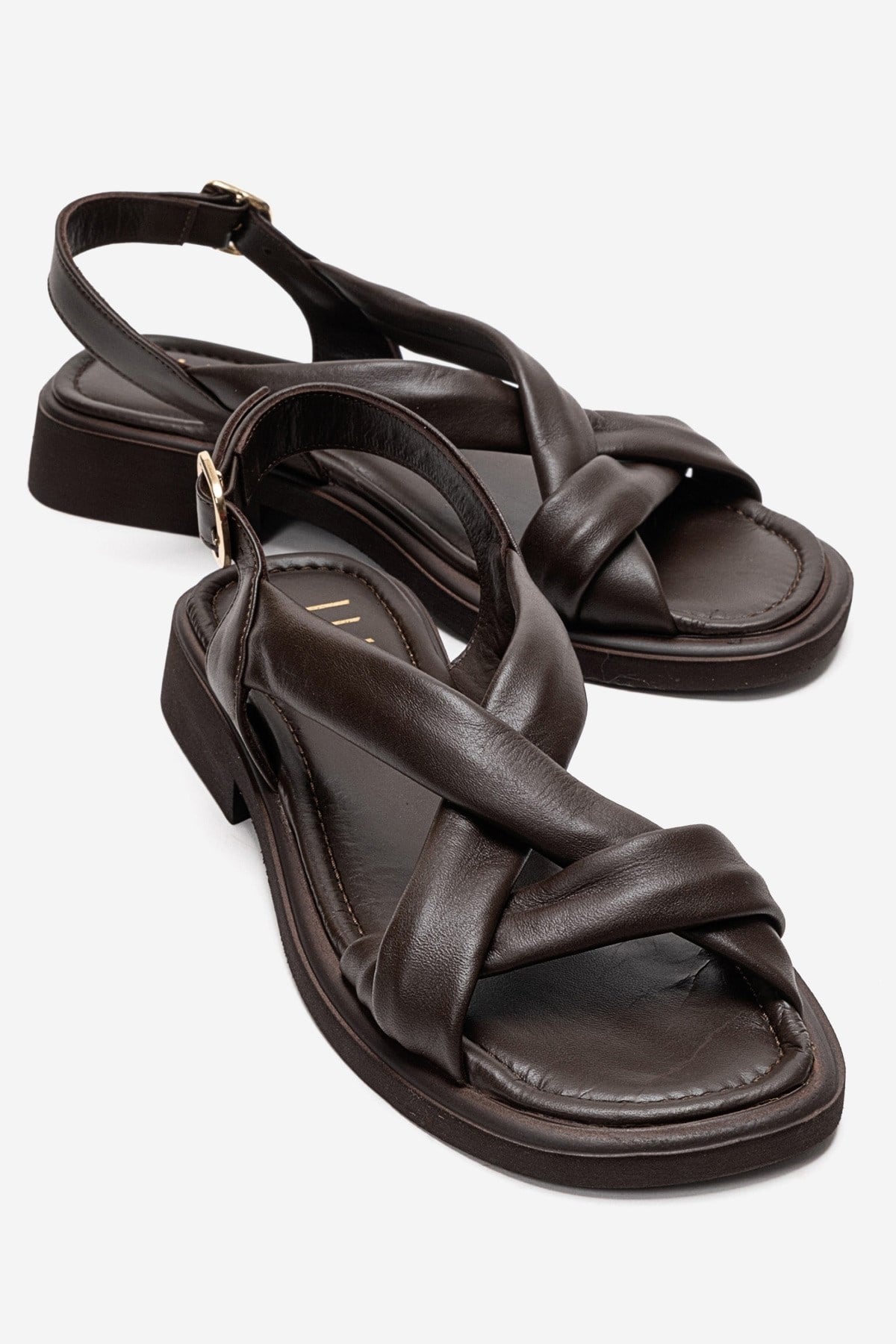 Frand - Brown Genuine Leather Crisscross Strap Sandal – front three-quarter view showing leather, Vowalisse
