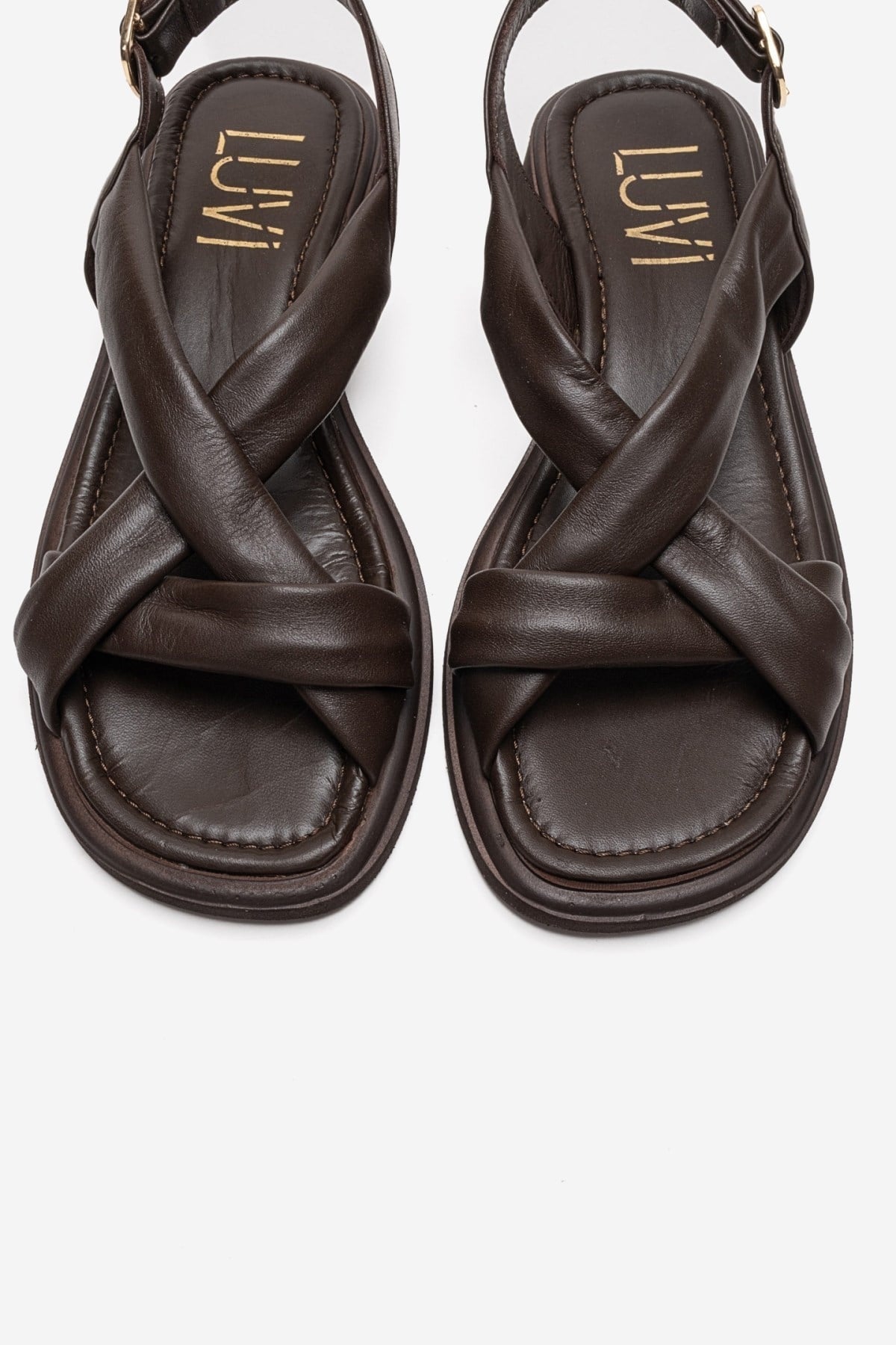 Frand - Brown Genuine Leather Crisscross Strap Sandal – side view showing leather, Vowalisse