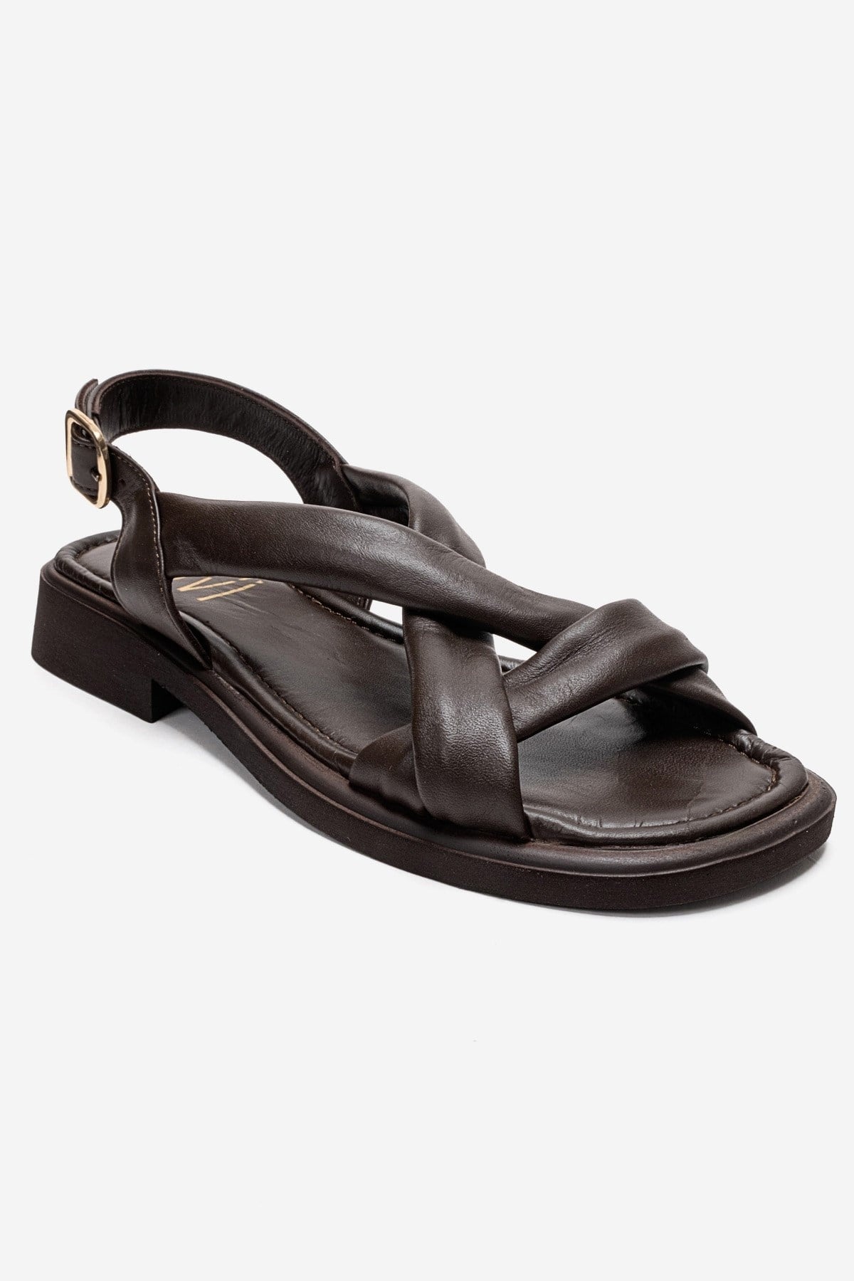 Frand - Brown Genuine Leather Crisscross Strap Sandal – detail view showing leather, Vowalisse