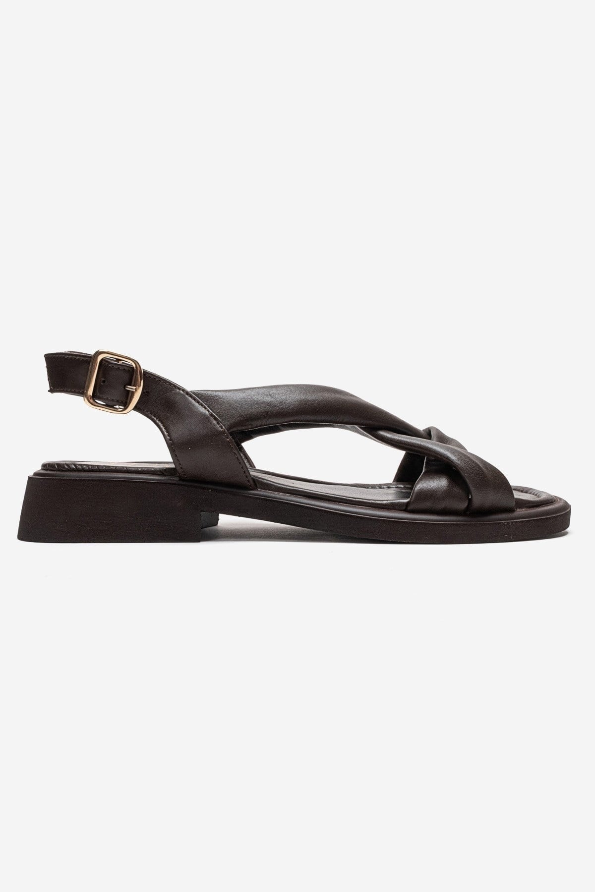 Frand - Brown Genuine Leather Crisscross Strap Sandal – heel view showing leather, Vowalisse