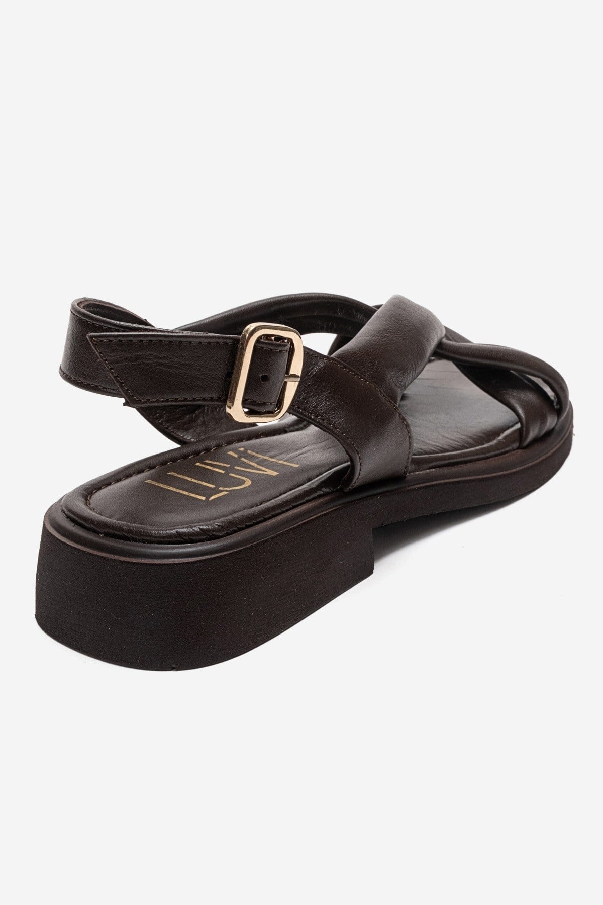 Frand - Brown Genuine Leather Crisscross Strap Sandal – back view showing leather, Vowalisse