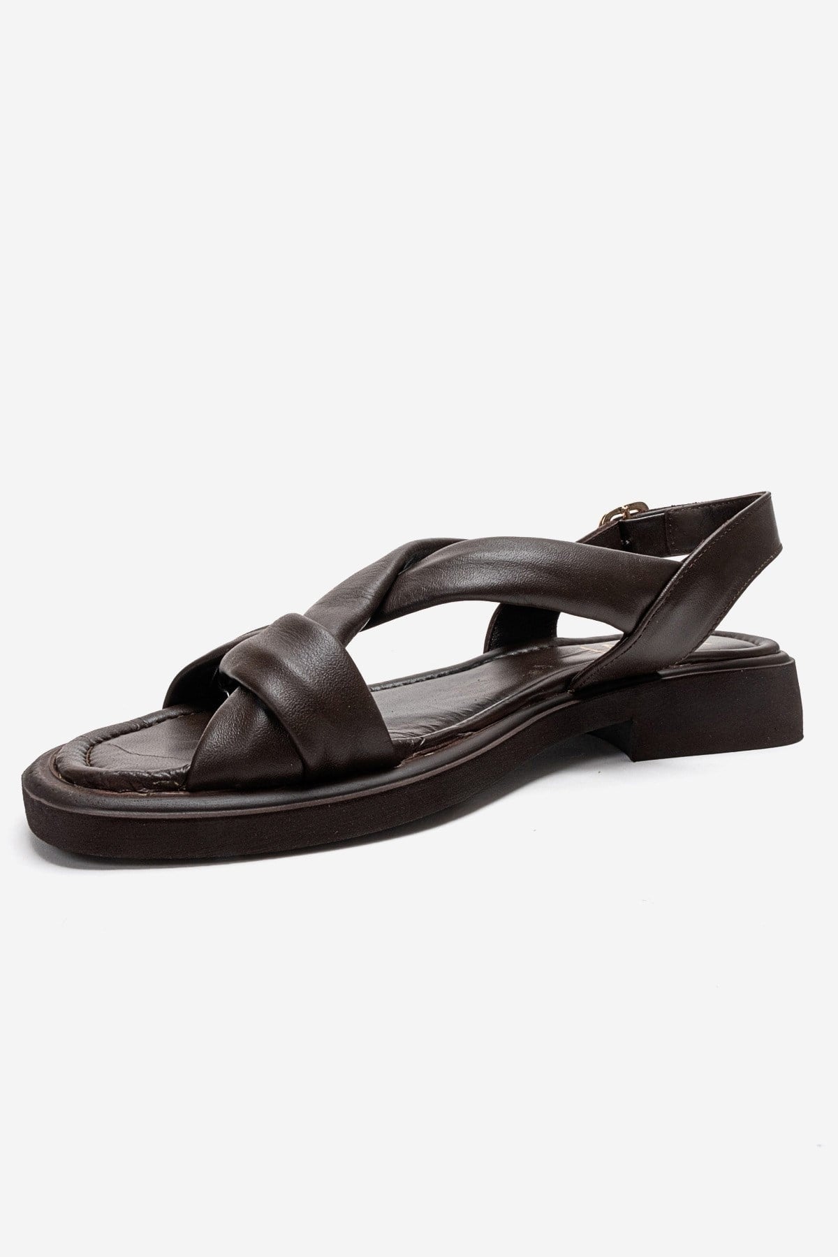 Frand - Brown Genuine Leather Crisscross Strap Sandal – top view showing leather, Vowalisse