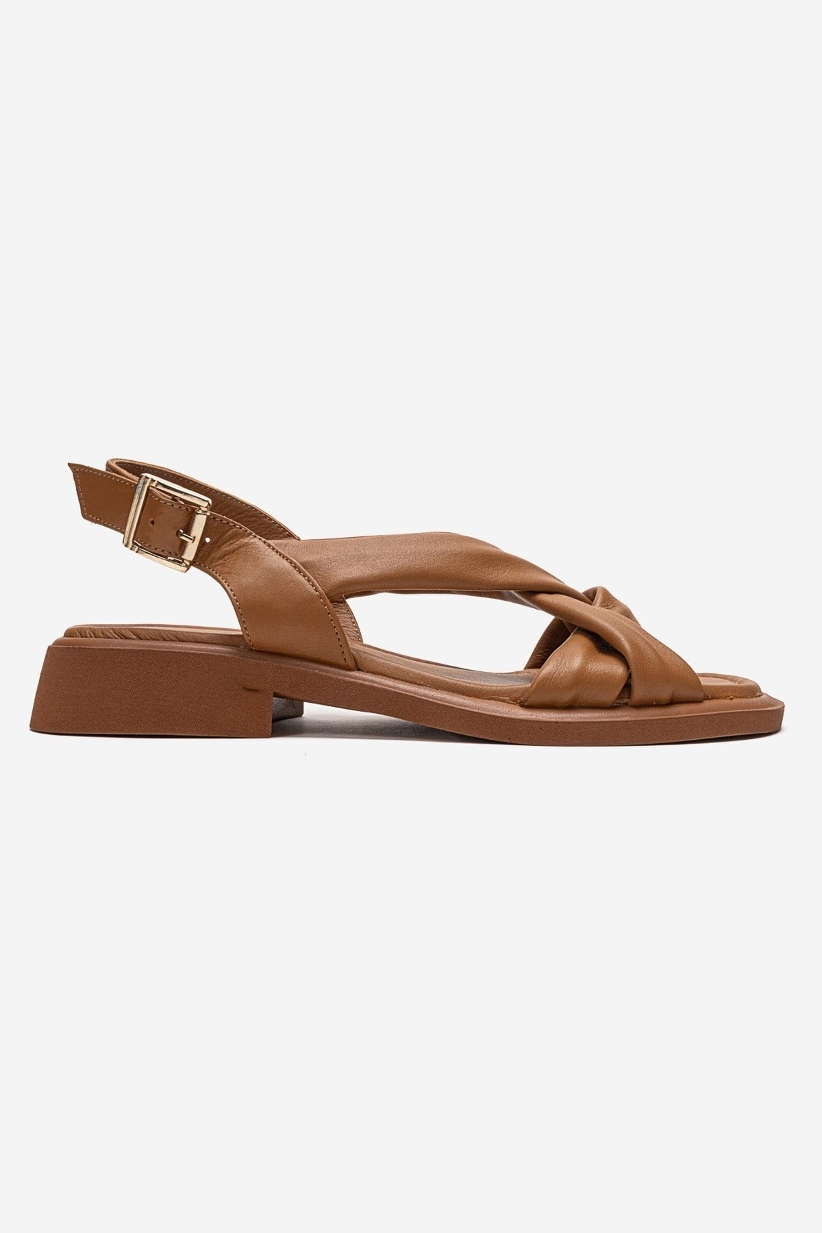 FRAND - Camel Genuine Leather Cross-Strap Sandal – heel view showing leather, Vowalisse