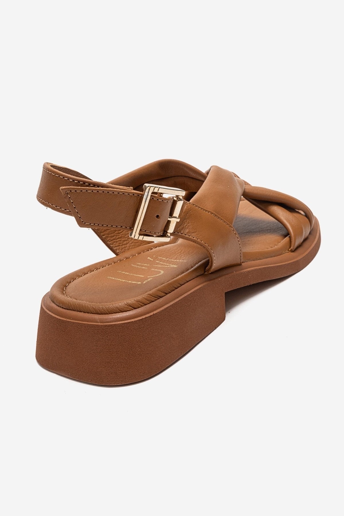 FRAND - Camel Genuine Leather Cross-Strap Sandal – back view showing leather, Vowalisse