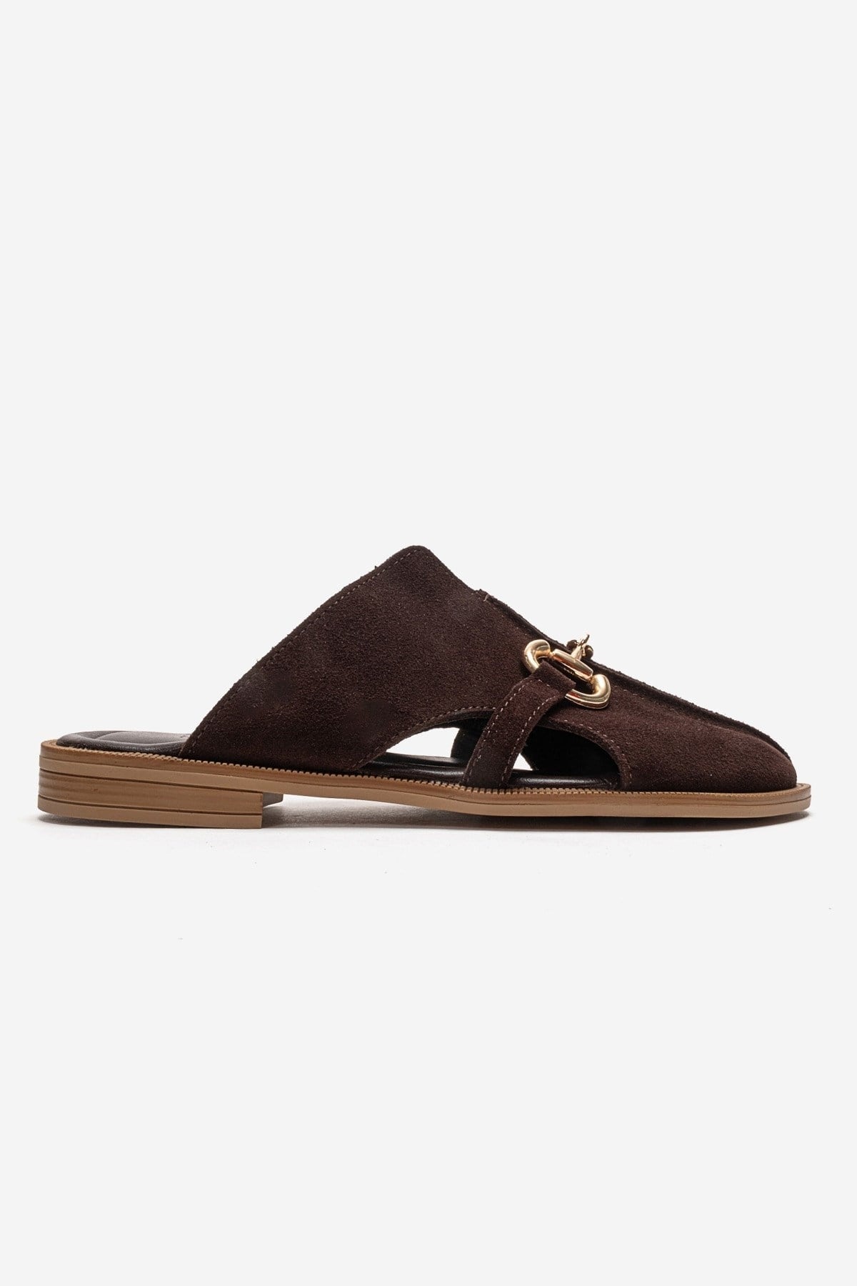 FAVOR - Brown Genuine Leather Closed-Toe Mule – detail view showing leather, suede, Vowalisse