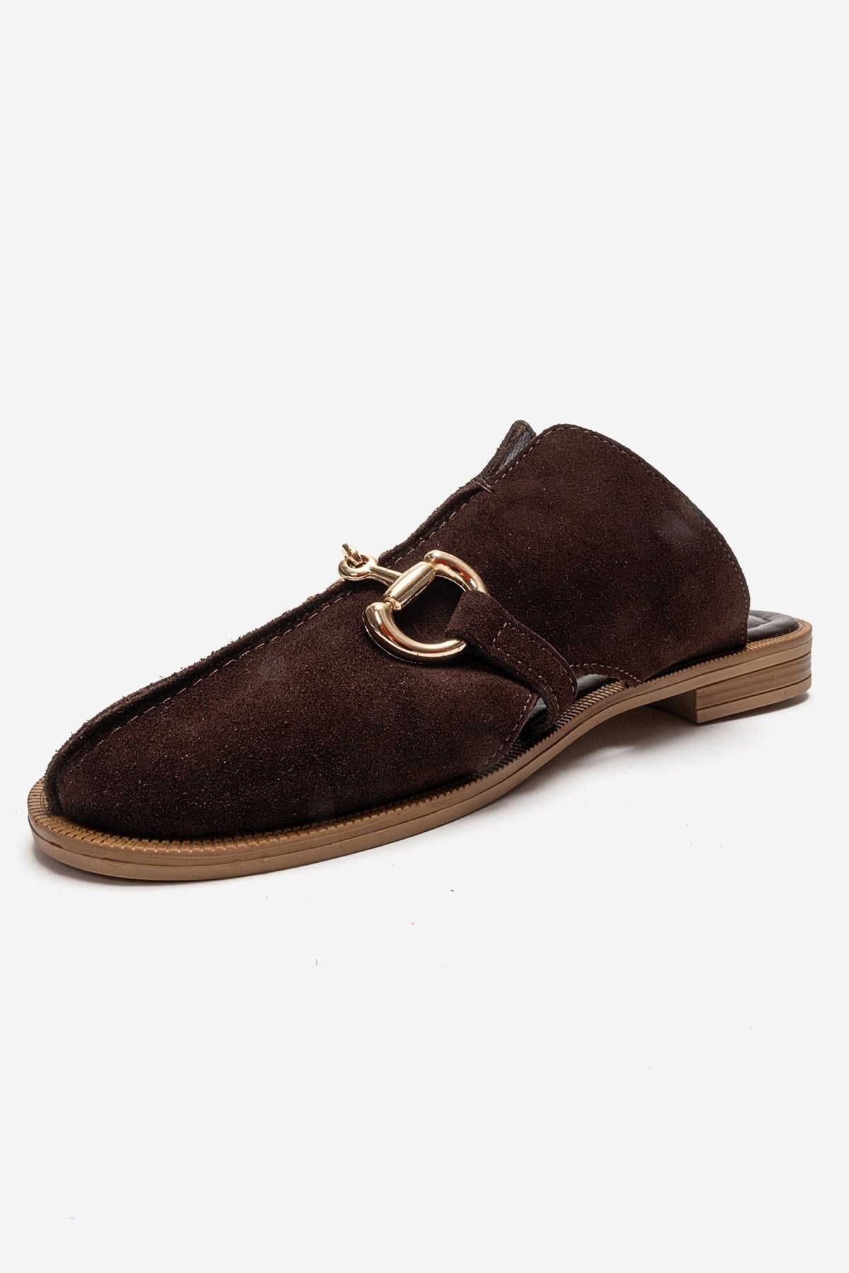 FAVOR - Brown Genuine Leather Closed-Toe Mule – top view showing leather, suede, Vowalisse