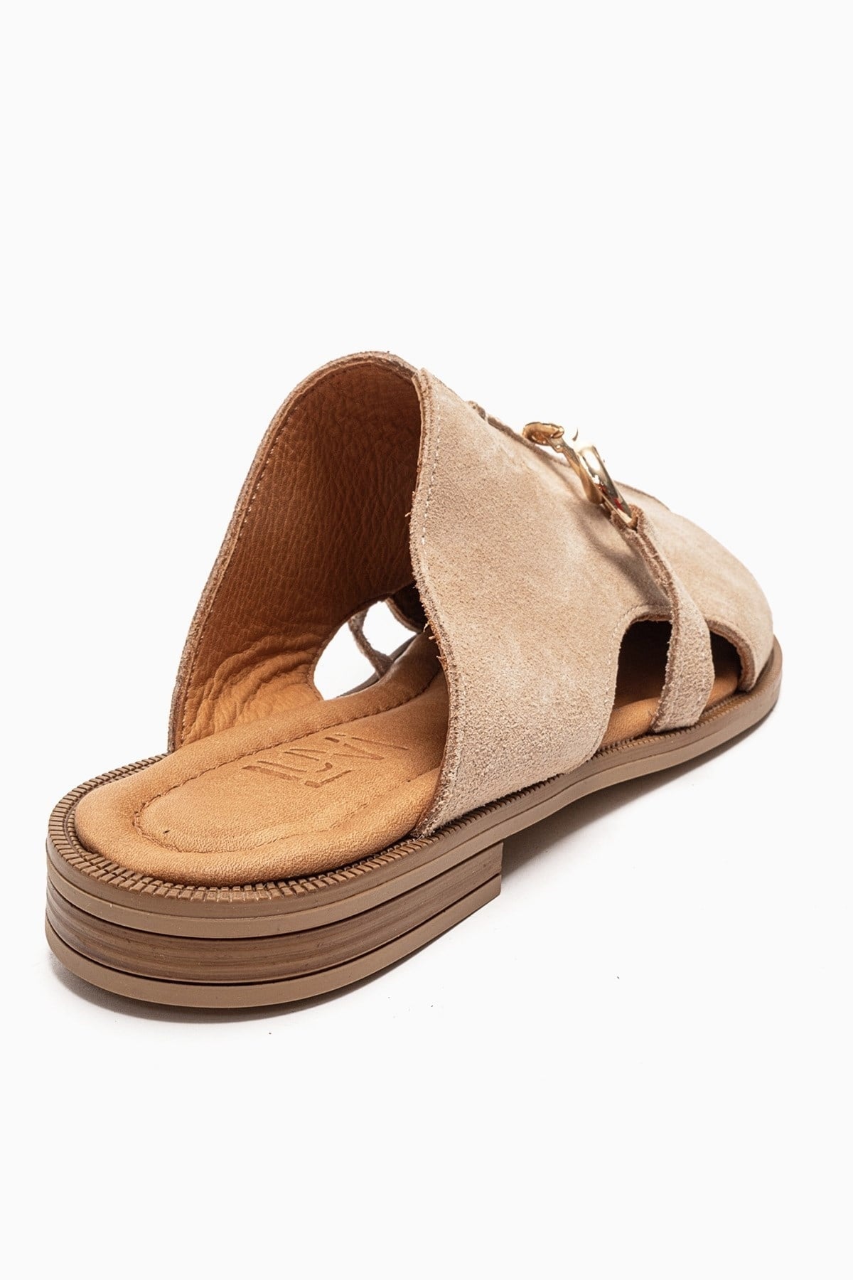 FAVOR - Beige Genuine Leather Closed-Toe Mule – back view showing leather, suede, Vowalisse