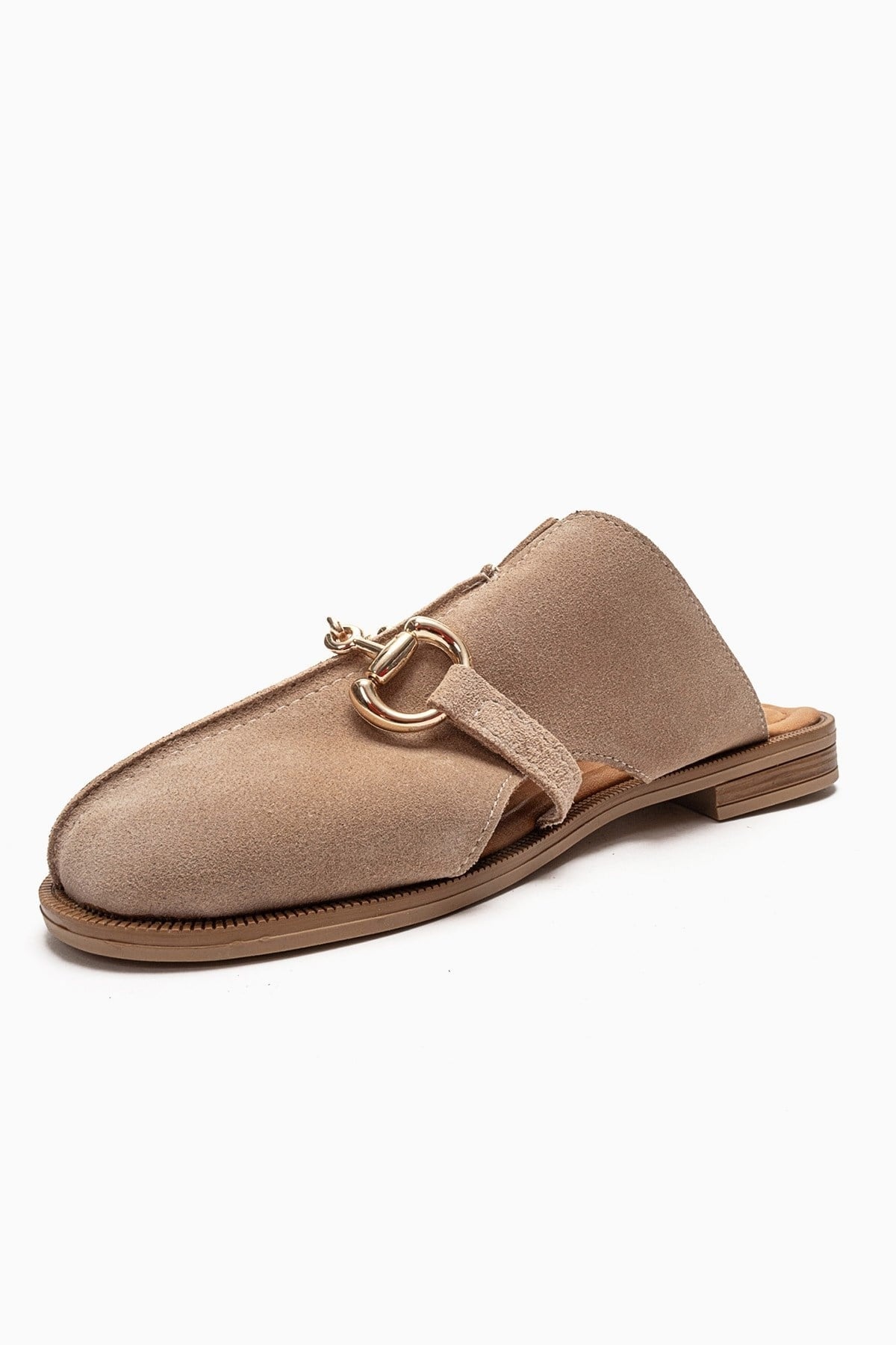 FAVOR - Beige Genuine Leather Closed-Toe Mule – top view showing leather, suede, Vowalisse