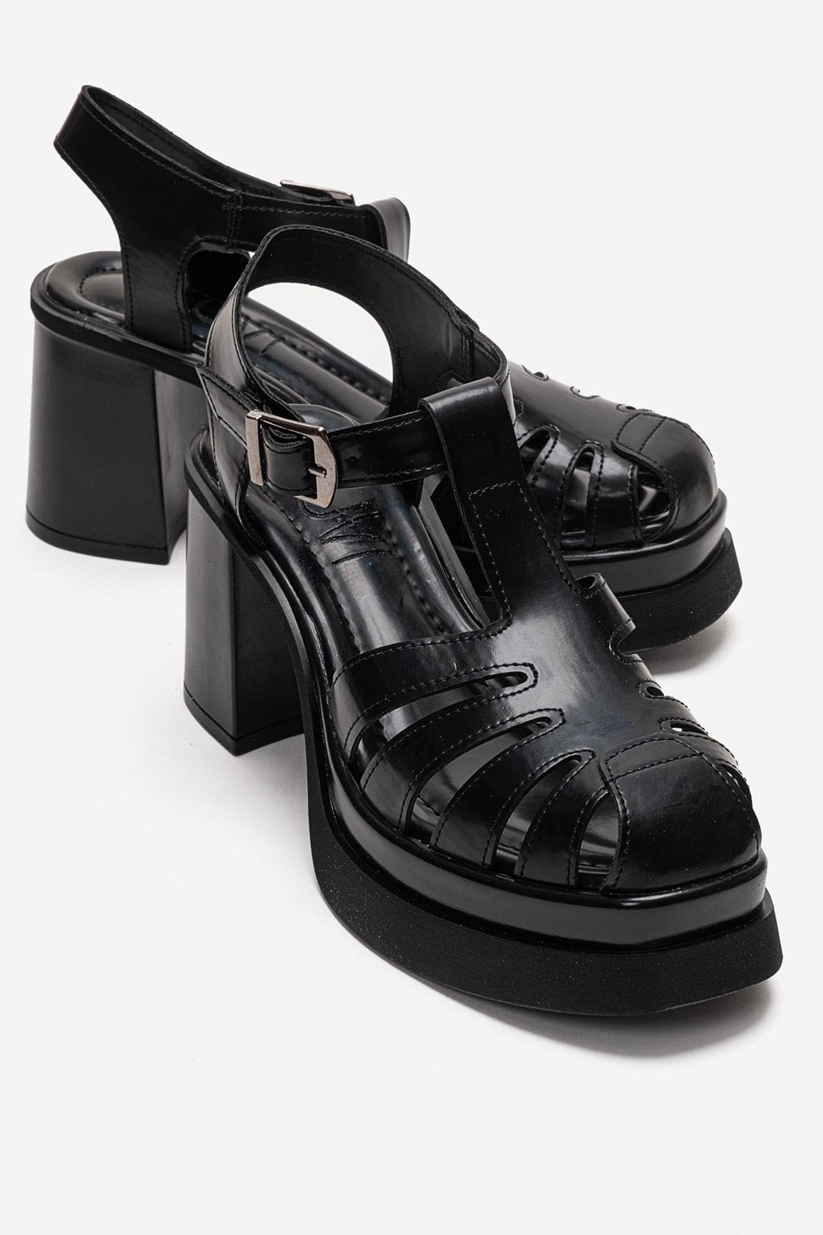 ROVENA - Black Platform Block Heel Sandal – front three-quarter view showing leather, black, Vowalisse