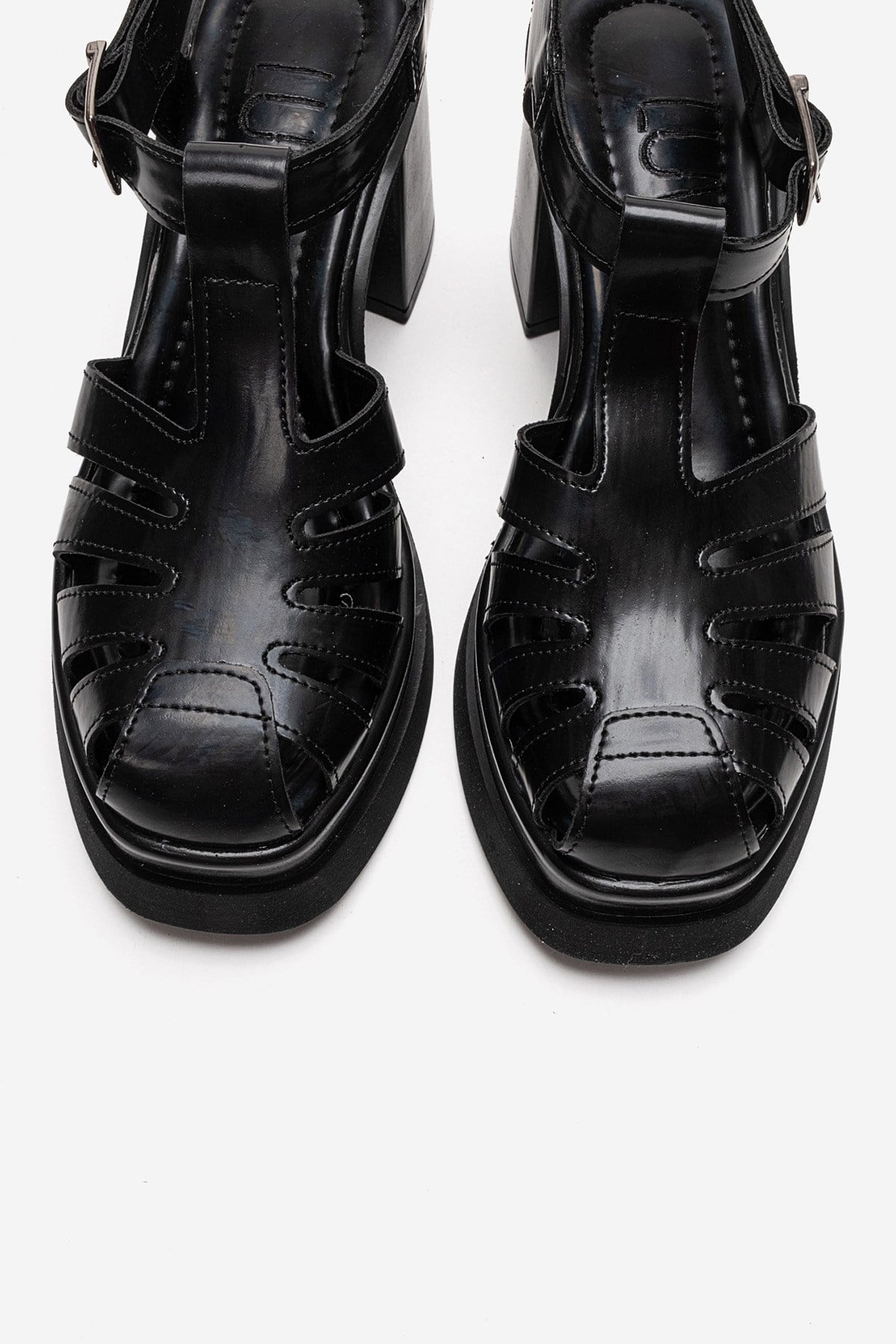 ROVENA - Black Platform Block Heel Sandal – side view showing leather, black, Vowalisse
