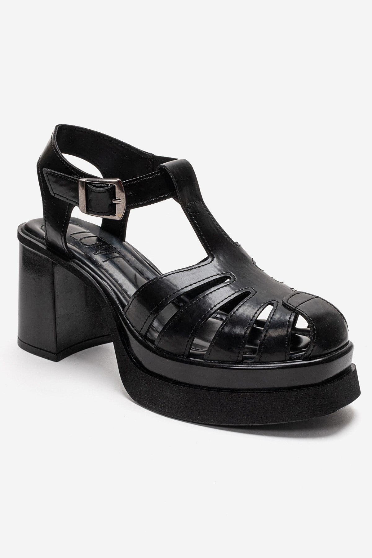 ROVENA - Black Platform Block Heel Sandal – detail view showing leather, black, Vowalisse