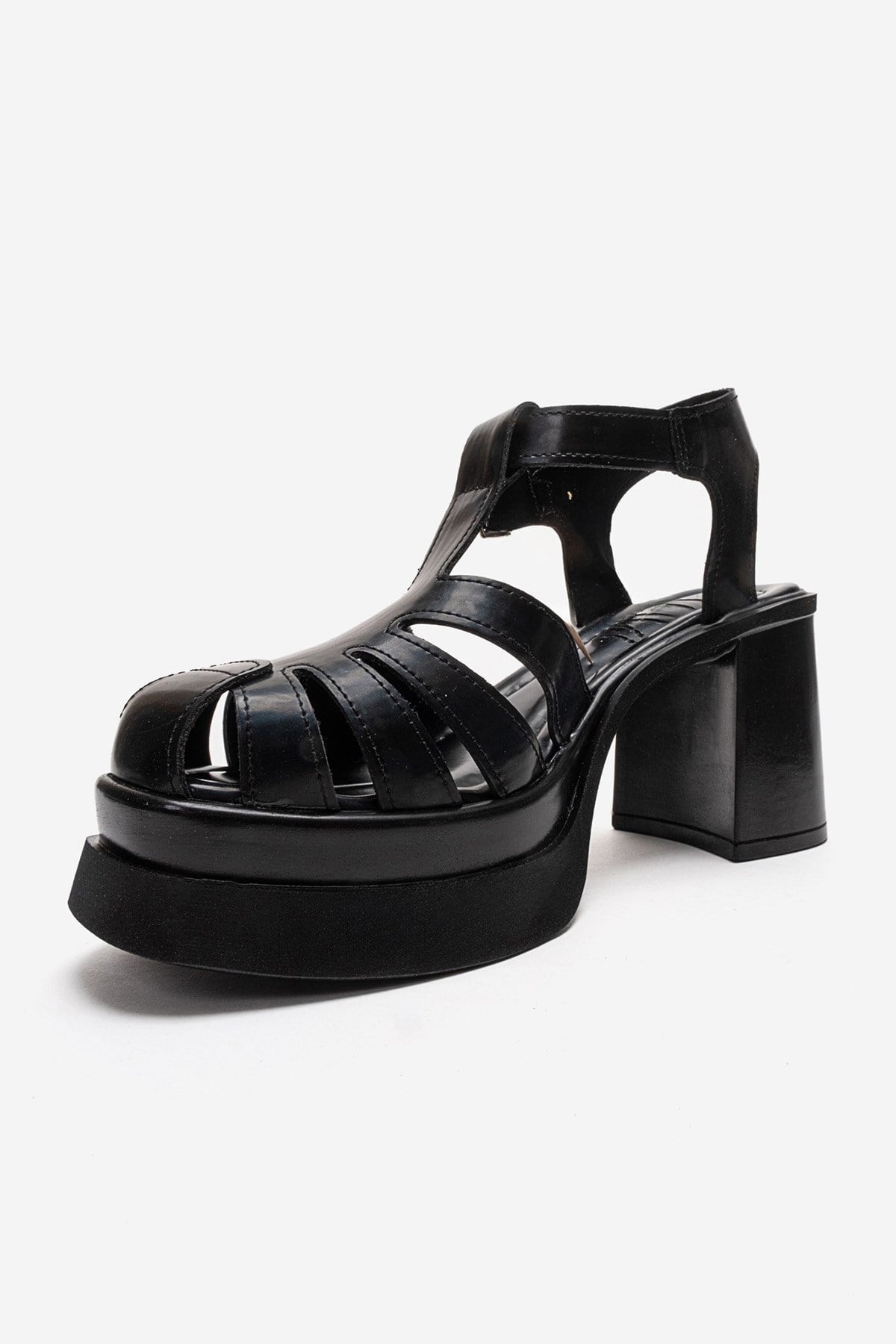 ROVENA - Black Platform Block Heel Sandal – top view showing leather, black, Vowalisse