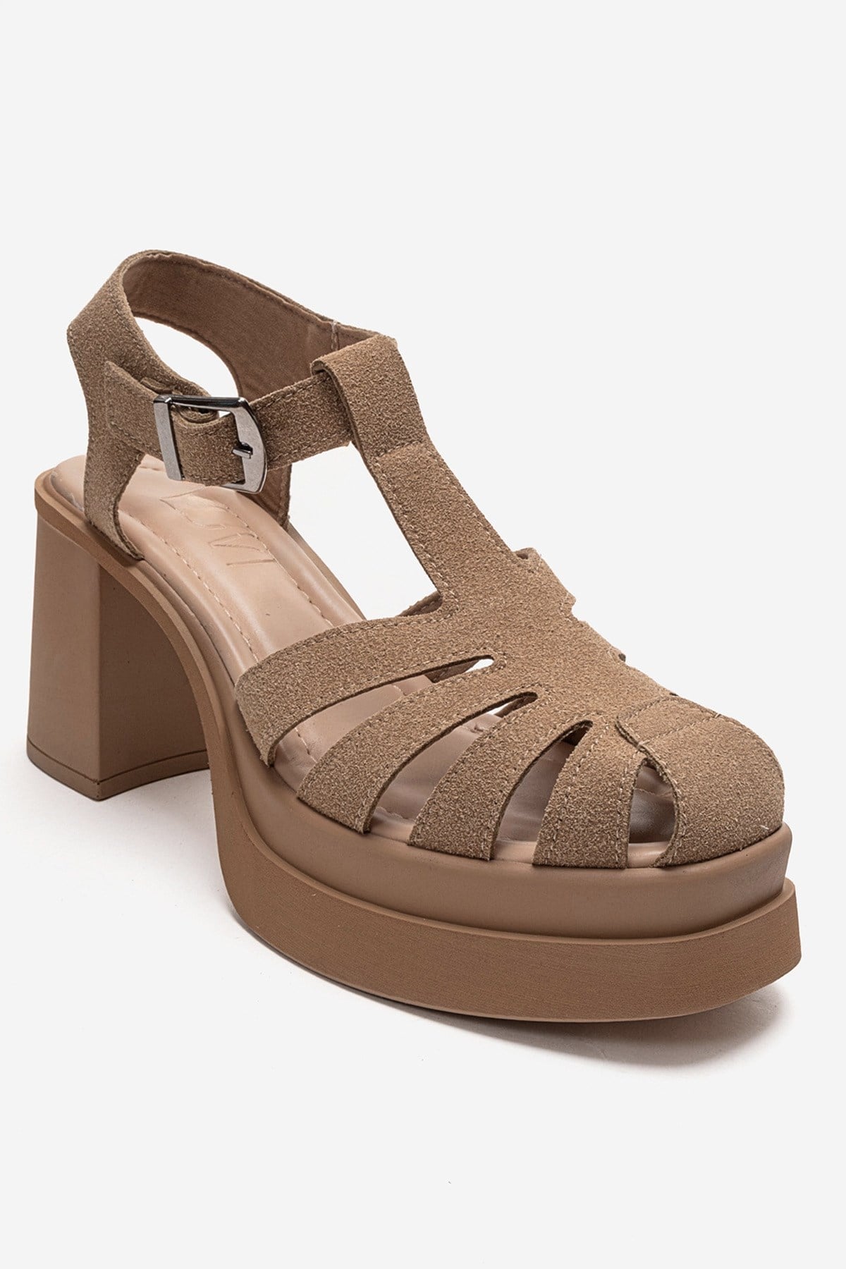 ROVENA - Cognac Suede Platform Block Heel Sandal – detail view showing leather, suede, Vowalisse