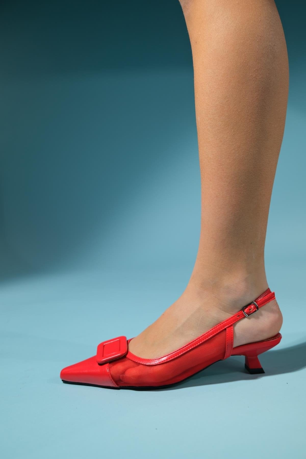 Amora - Red Buckled Low-Heeled Shoe – back view showing leather, red, Vowalisse