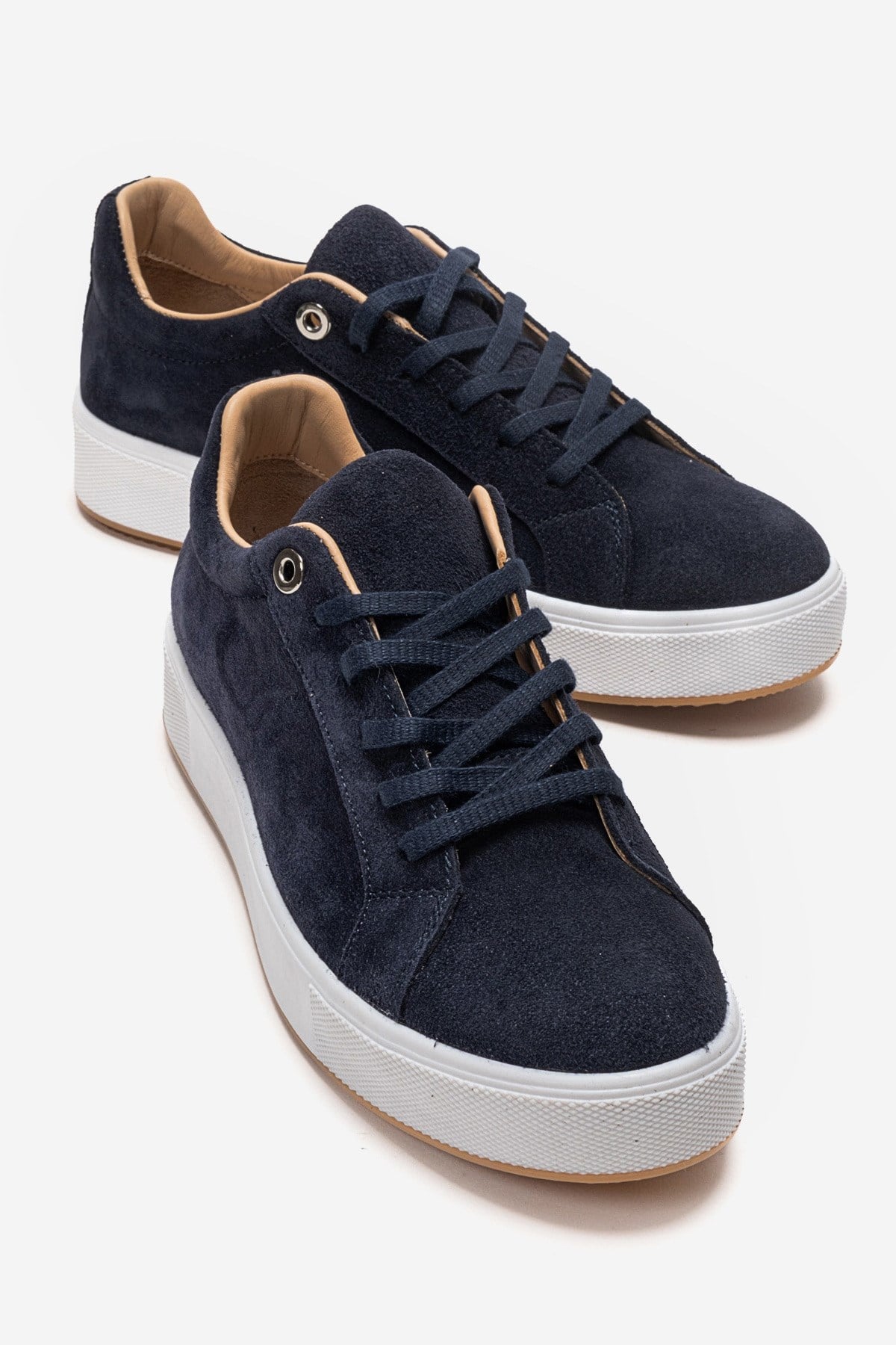 PALLEN - Navy Genuine Leather Casual Sneaker – front three-quarter view showing leather, suede, Vowalisse