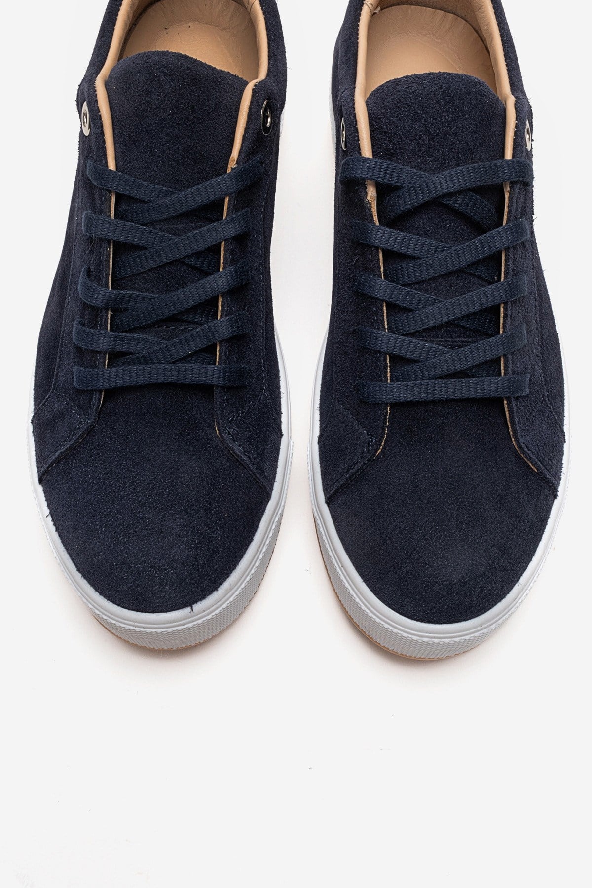 PALLEN - Navy Genuine Leather Casual Sneaker – side view showing leather, suede, Vowalisse