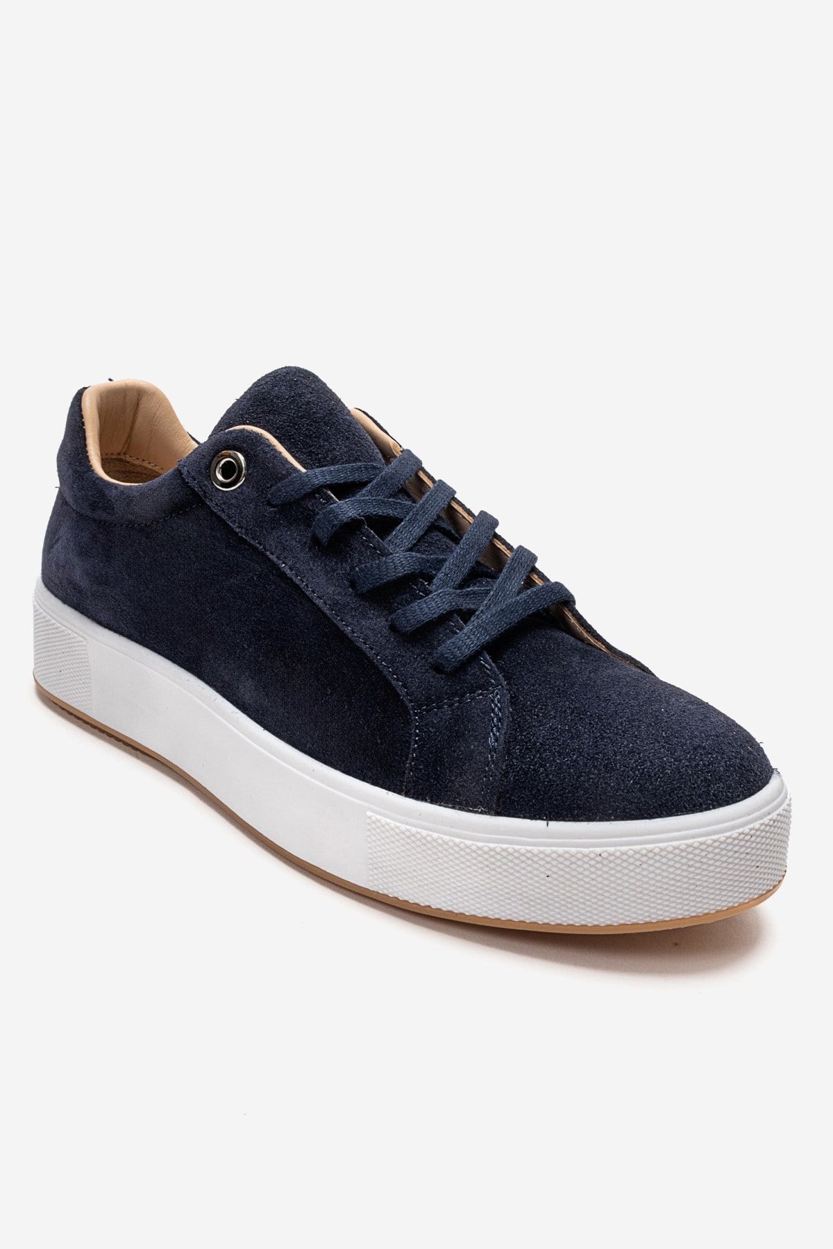 PALLEN - Navy Genuine Leather Casual Sneaker – detail view showing leather, suede, Vowalisse
