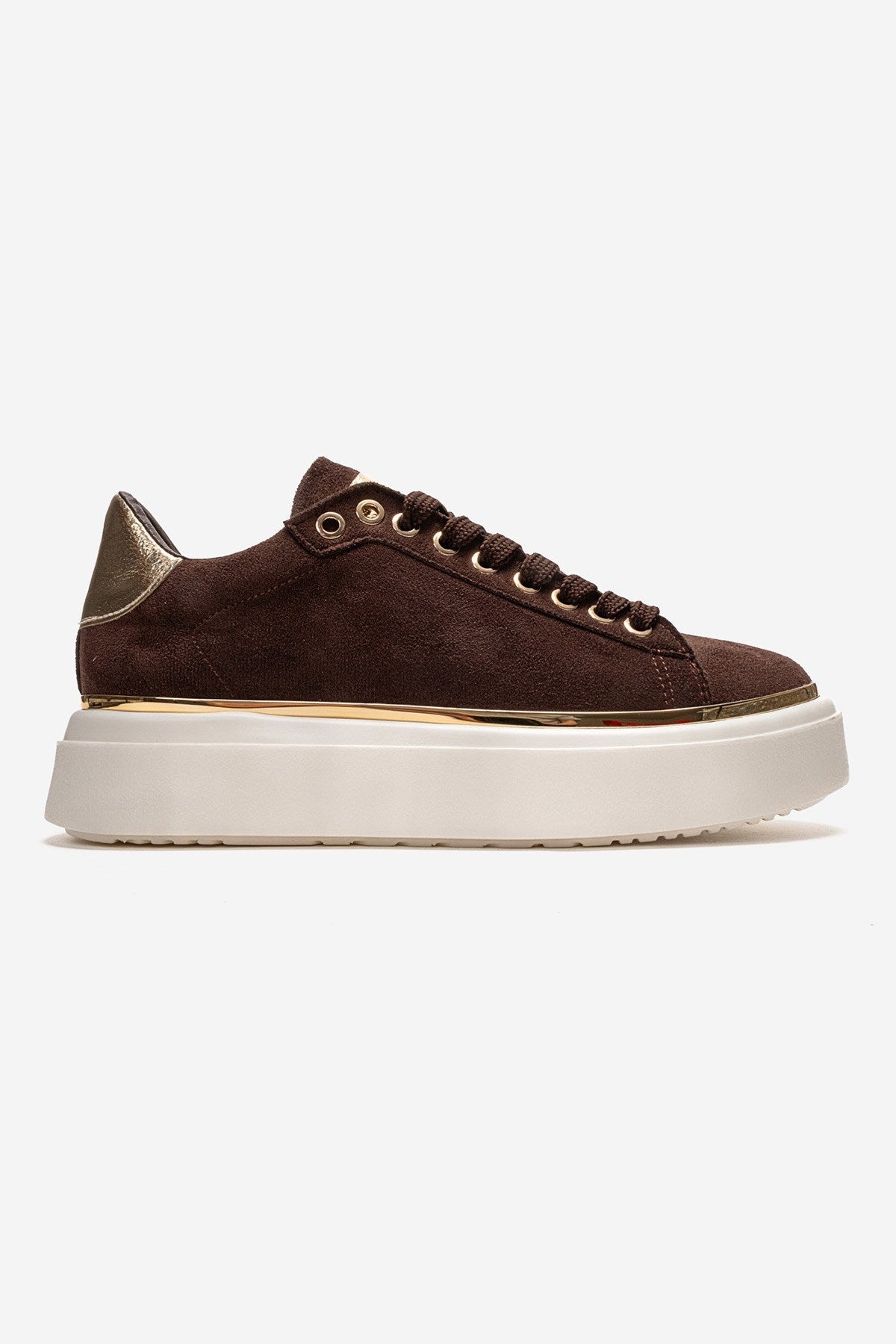 BORENA - Mocha Platform Sneaker – heel view showing leather, suede, Vowalisse