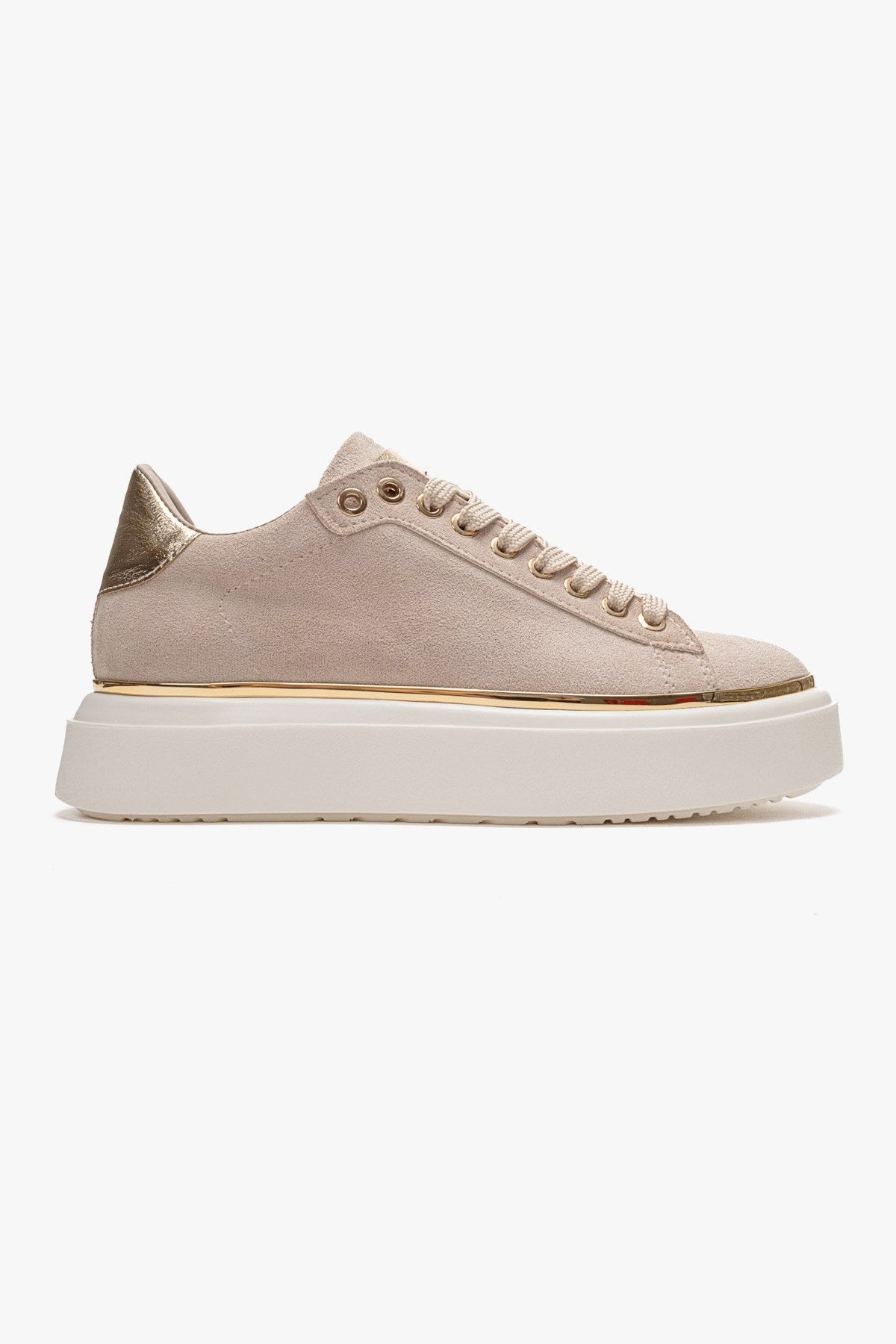 BORENA - Beige Platform Sneaker – heel view showing leather, suede, Vowalisse