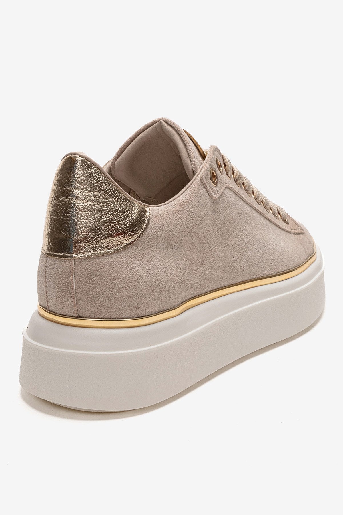 BORENA - Beige Platform Sneaker – back view showing leather, suede, Vowalisse