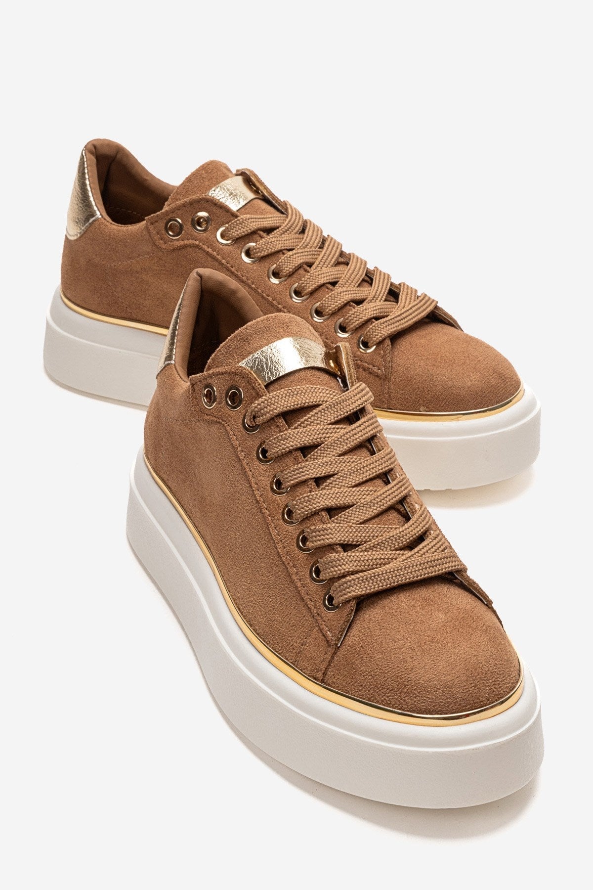 BORENA - Cognac Platform Sneaker – front three-quarter view showing leather, suede, Vowalisse